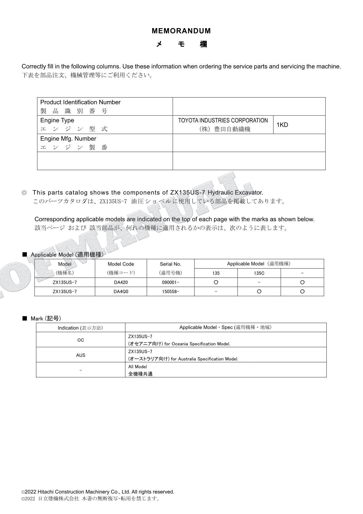 HITACHI ZAXIS ZX135US-7 OCEANIA Spec Excavator Parts Catalog Manual