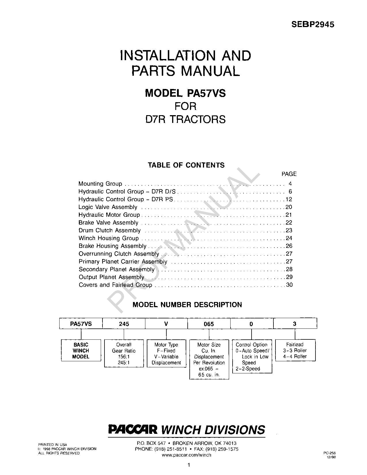 Caterpillar Cat PA57VS D7R Track Type Tractor Parts Catalog Manual