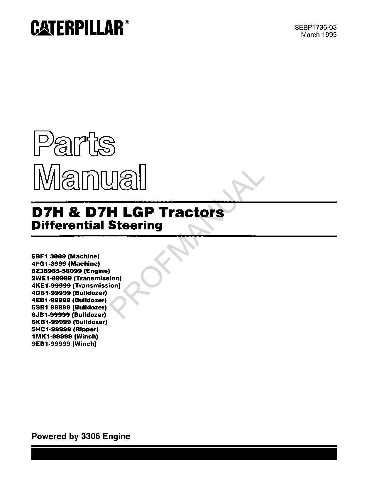 Caterpillar Cat D7H D7H LGP Tractor Differential Steering Parts Catalog Manual