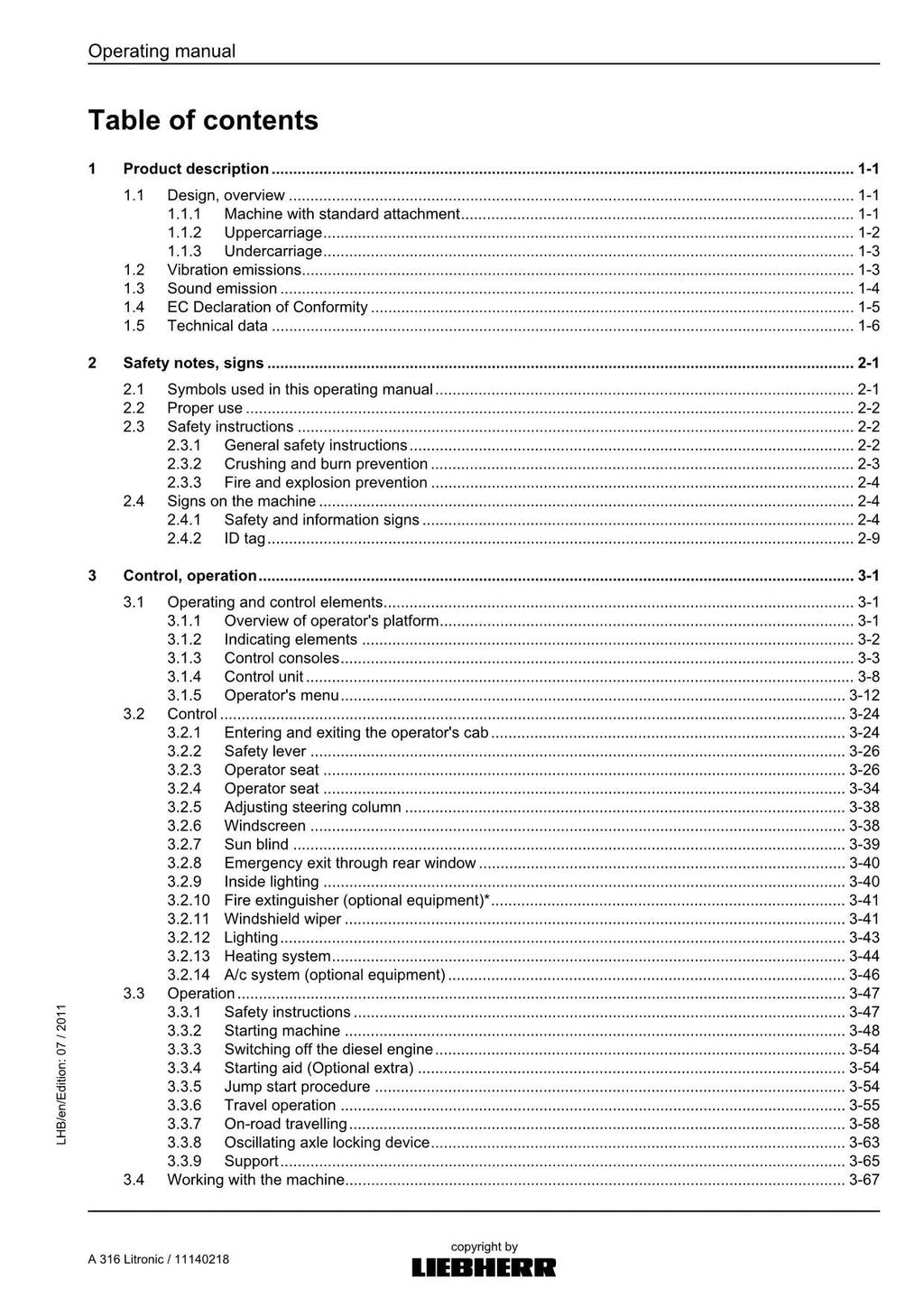 Liebherr A316 Litronic Excavator Operators manual