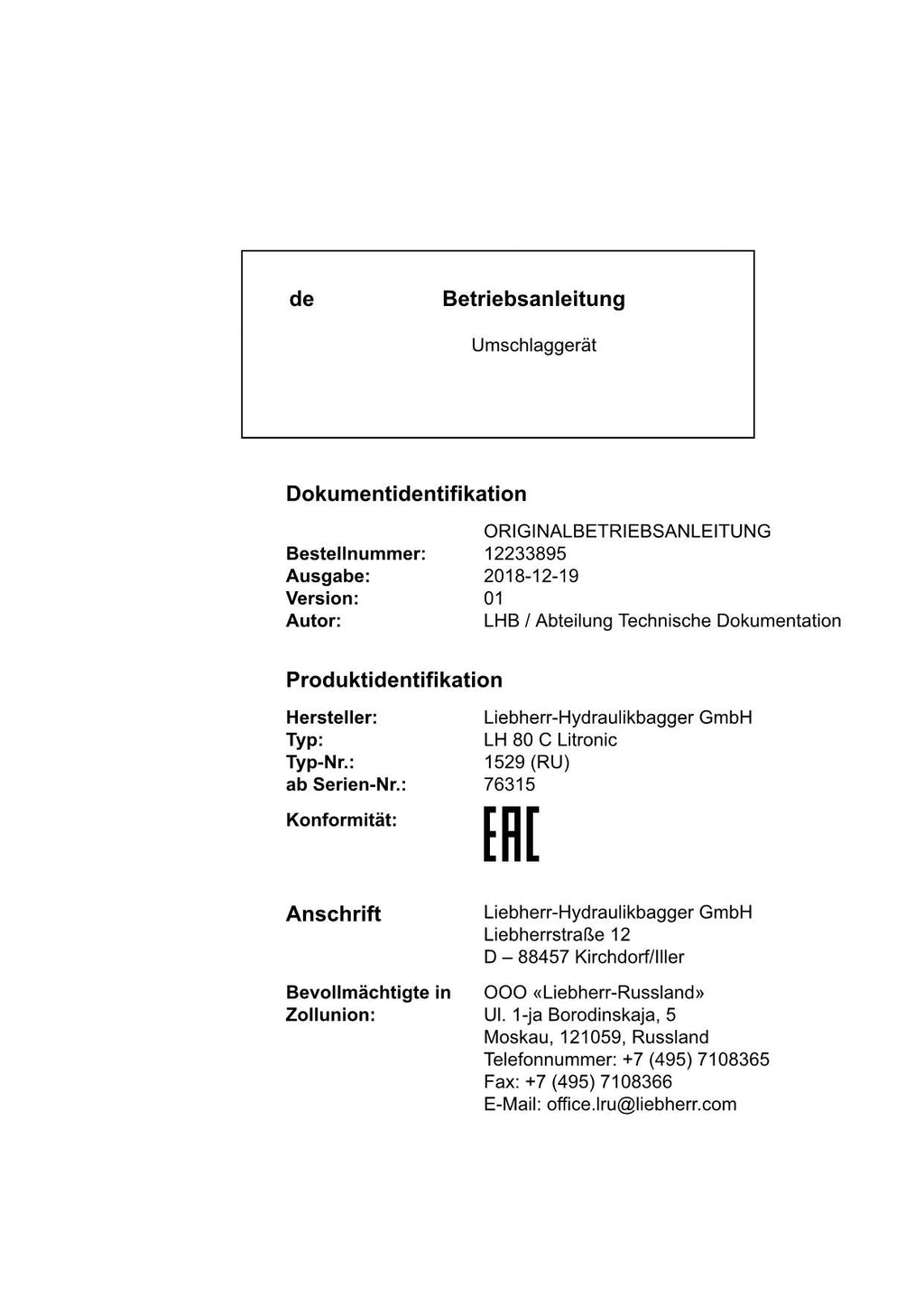 Liebherr LH80 C Litronic Umschlaggerät Betriebsanleitung