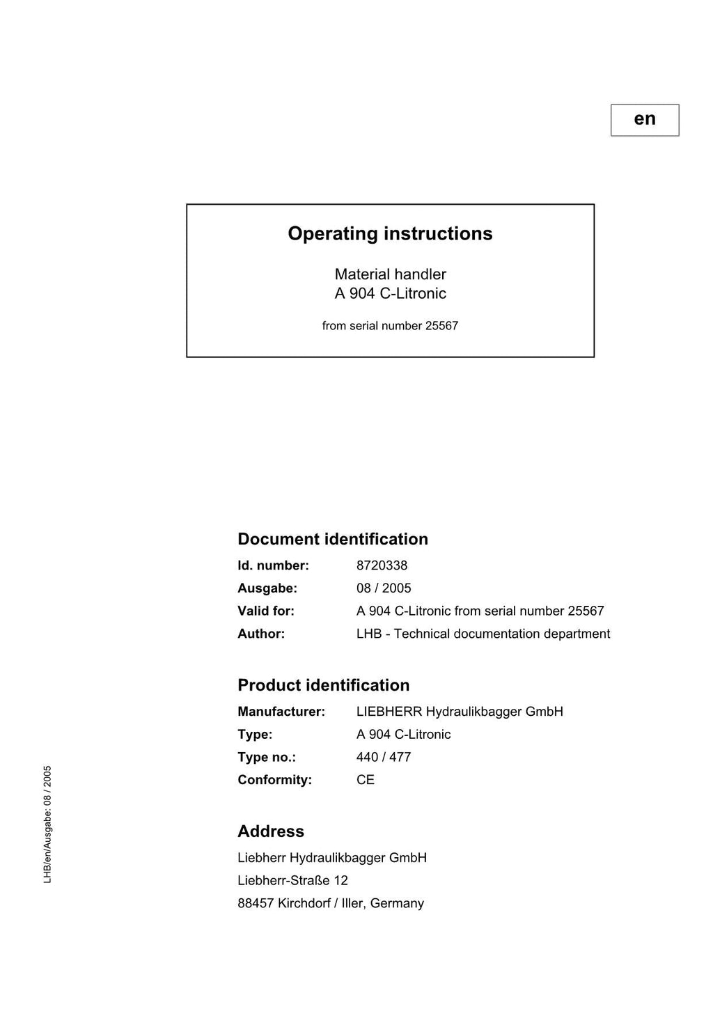Liebherr A904 C-Litronic Material handler Operators manual