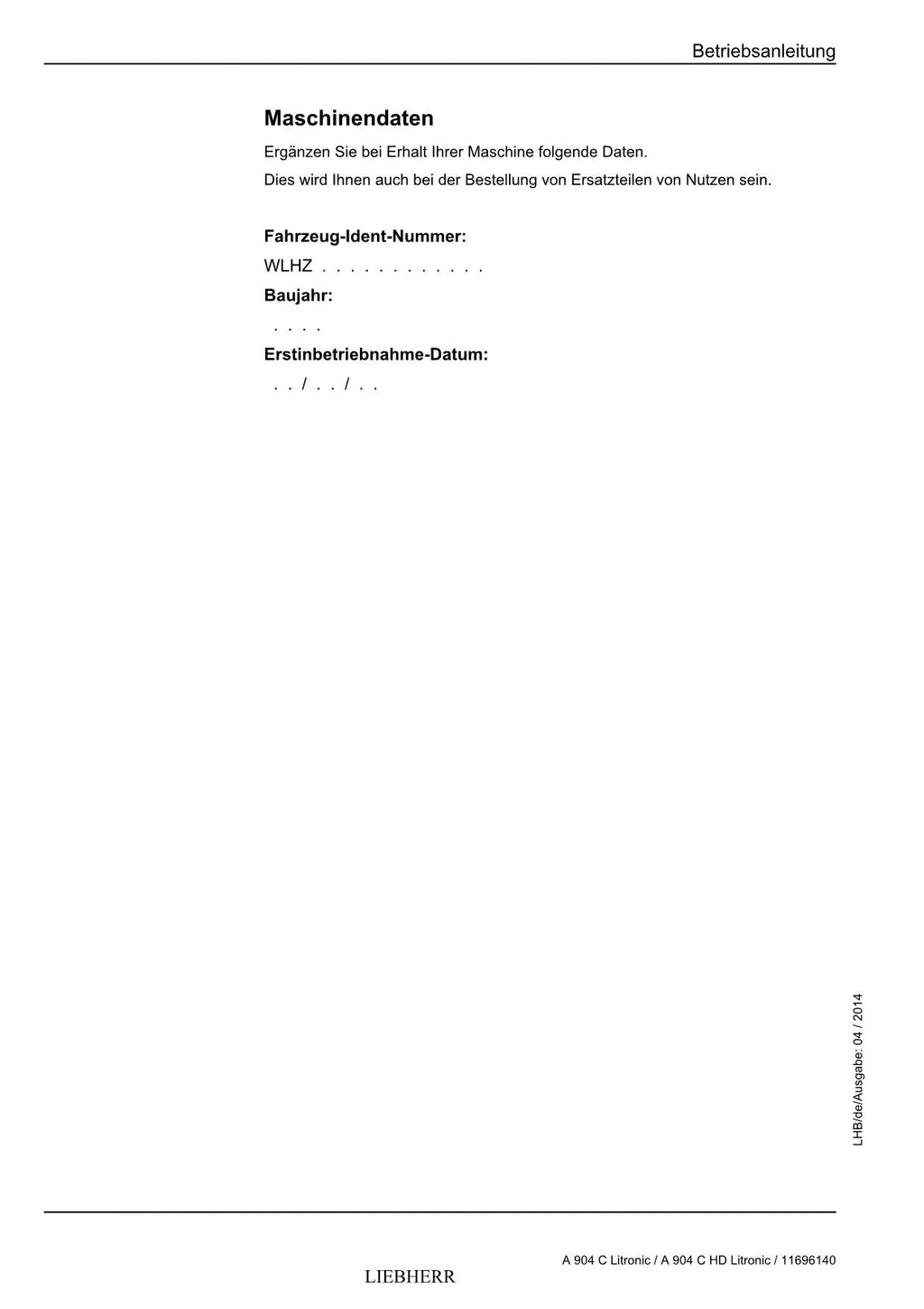 Liebherr A904 C A904 C HD Litronic Umschlaggerät Betriebsanleitung 11696140