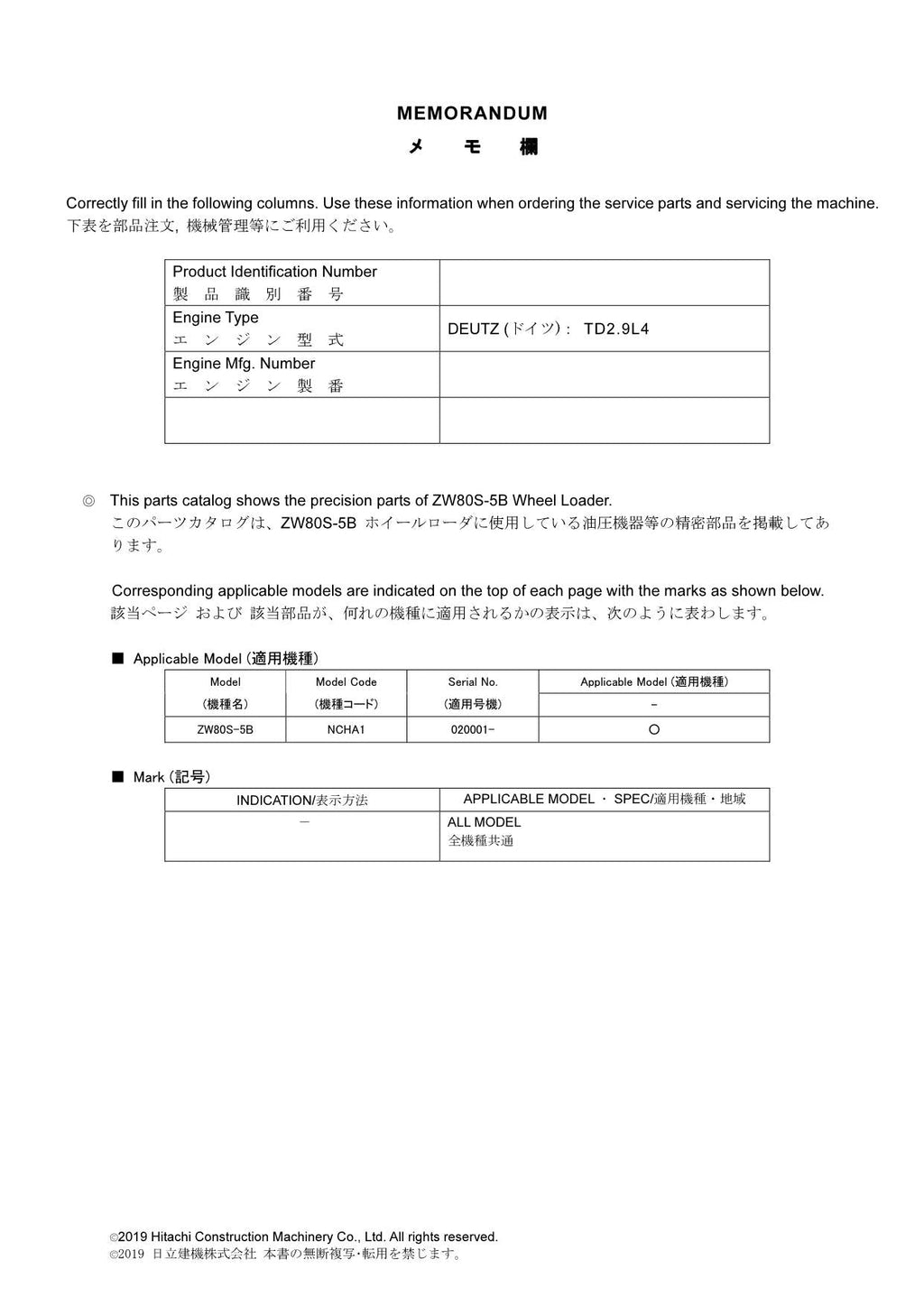 Hitachi ZW80S-5B Equip Component Wheel Loader Parts Catalog Manual SN 020001-up