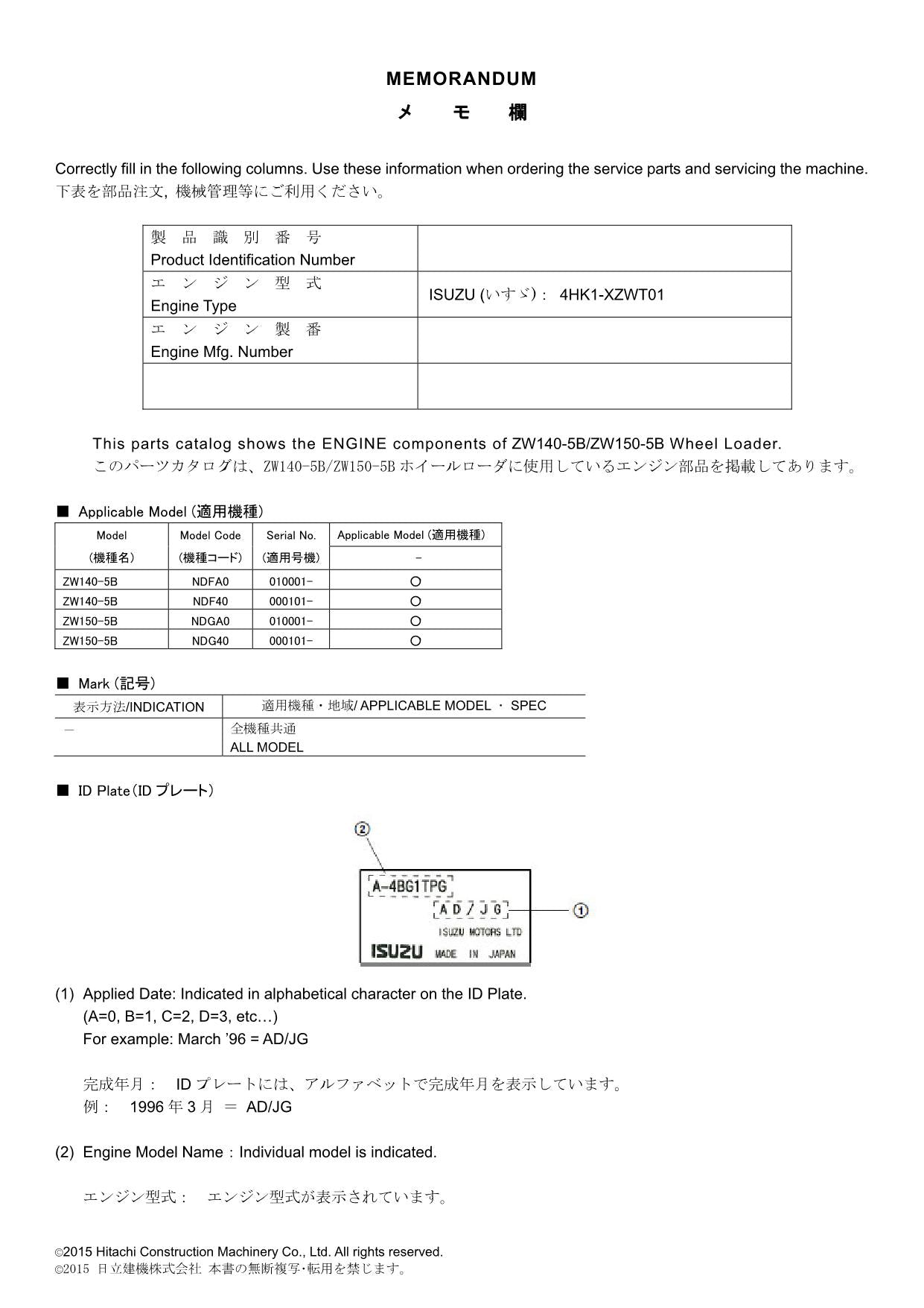 Hitachi ZW140-5B ZW150-5B ISUZU 4HK1-XZWT01 Engine Loader Parts Catalog Manual