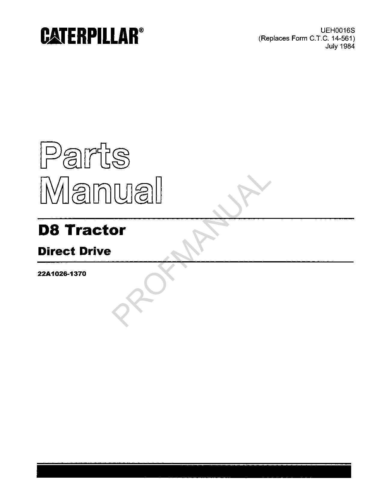 Caterpillar Cat D8H Tractor Direct Drive Parts Catalog Manual ser 22A1026-1370