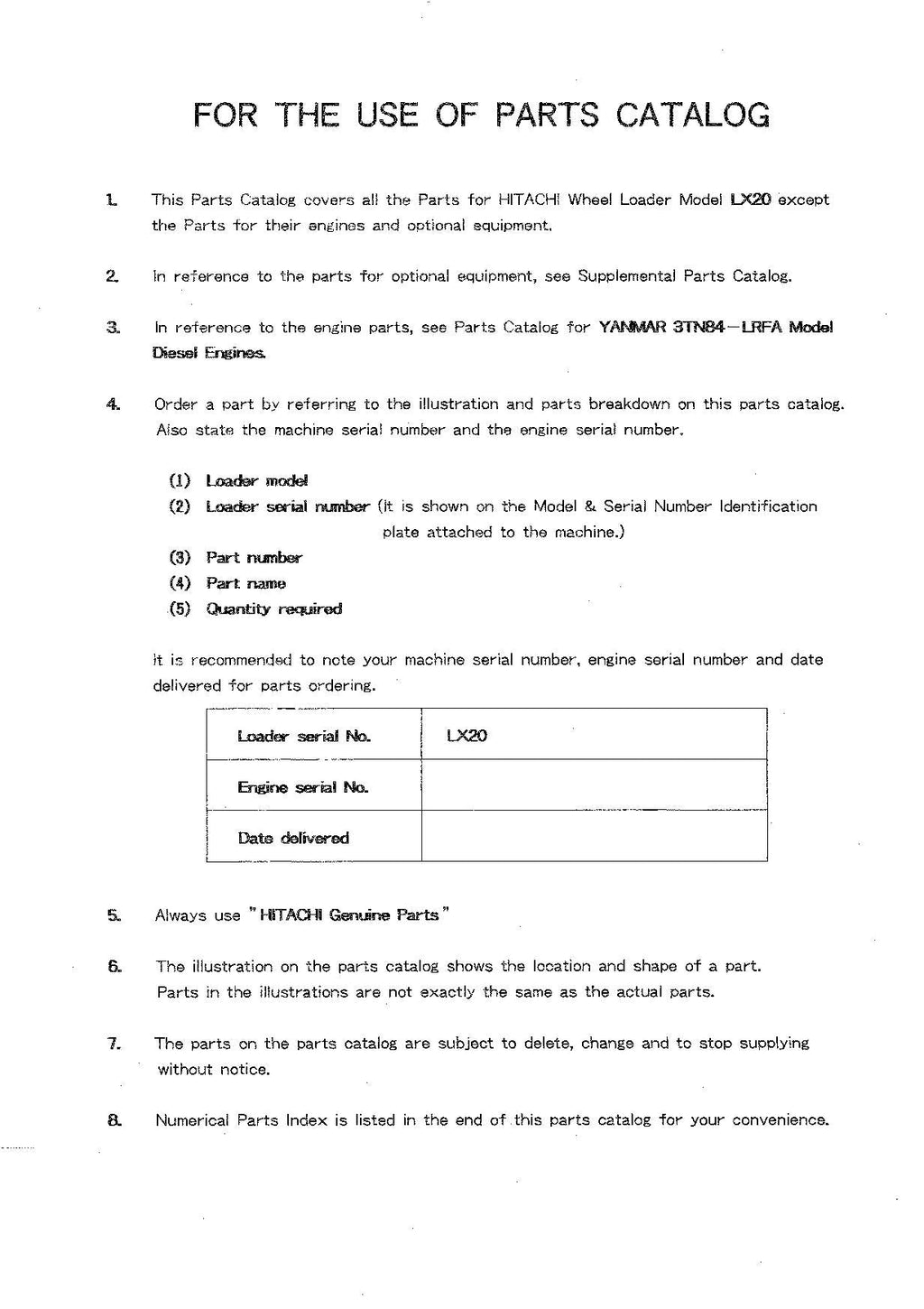 Hitachi LX20 Wheel Loader Parts Catalog Manual SN 1753-up