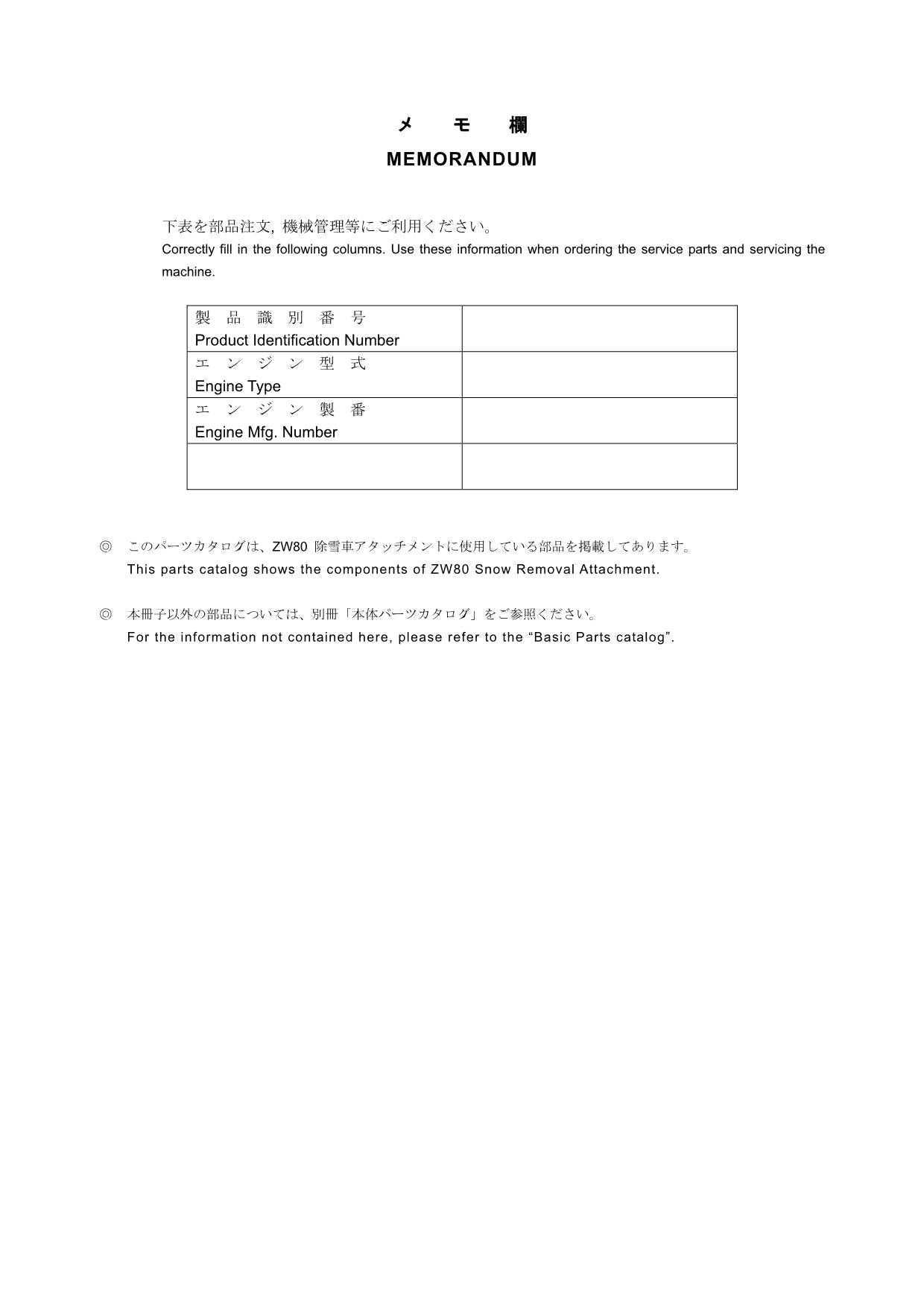 Hitachi ZW80 Snow Removal Attach Wheel Loader Parts Catalog Manual SN 000101-up
