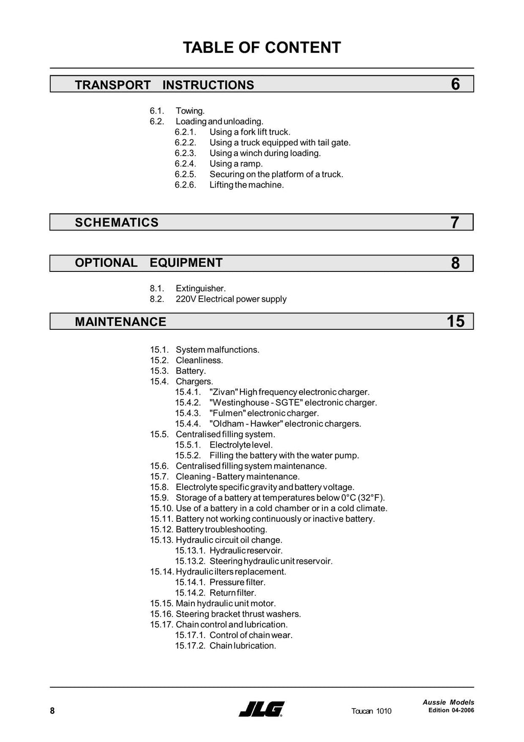 TOUCAN 1010 Vertical Lift Maintenance Operation Operators Manual