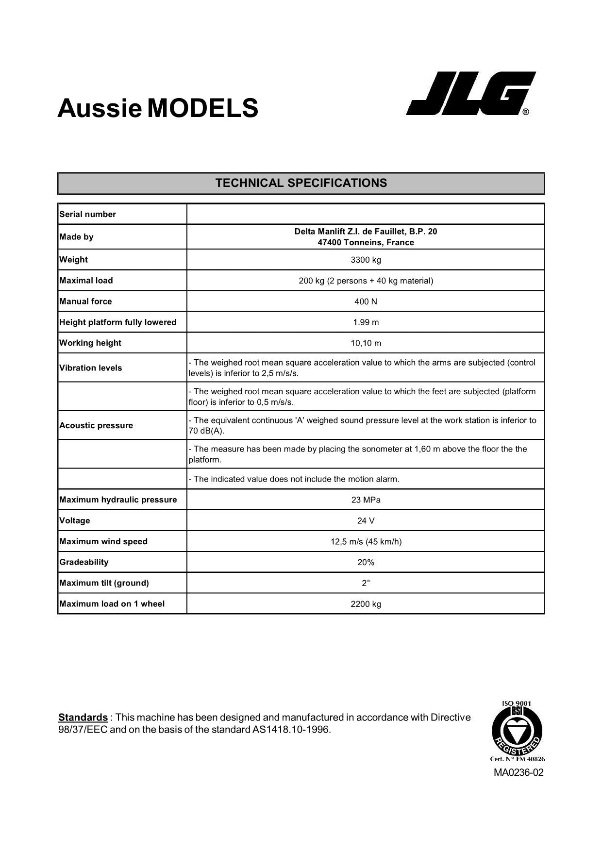 TOUCAN 1010 Vertical Lift Maintenance Operation Operators Manual