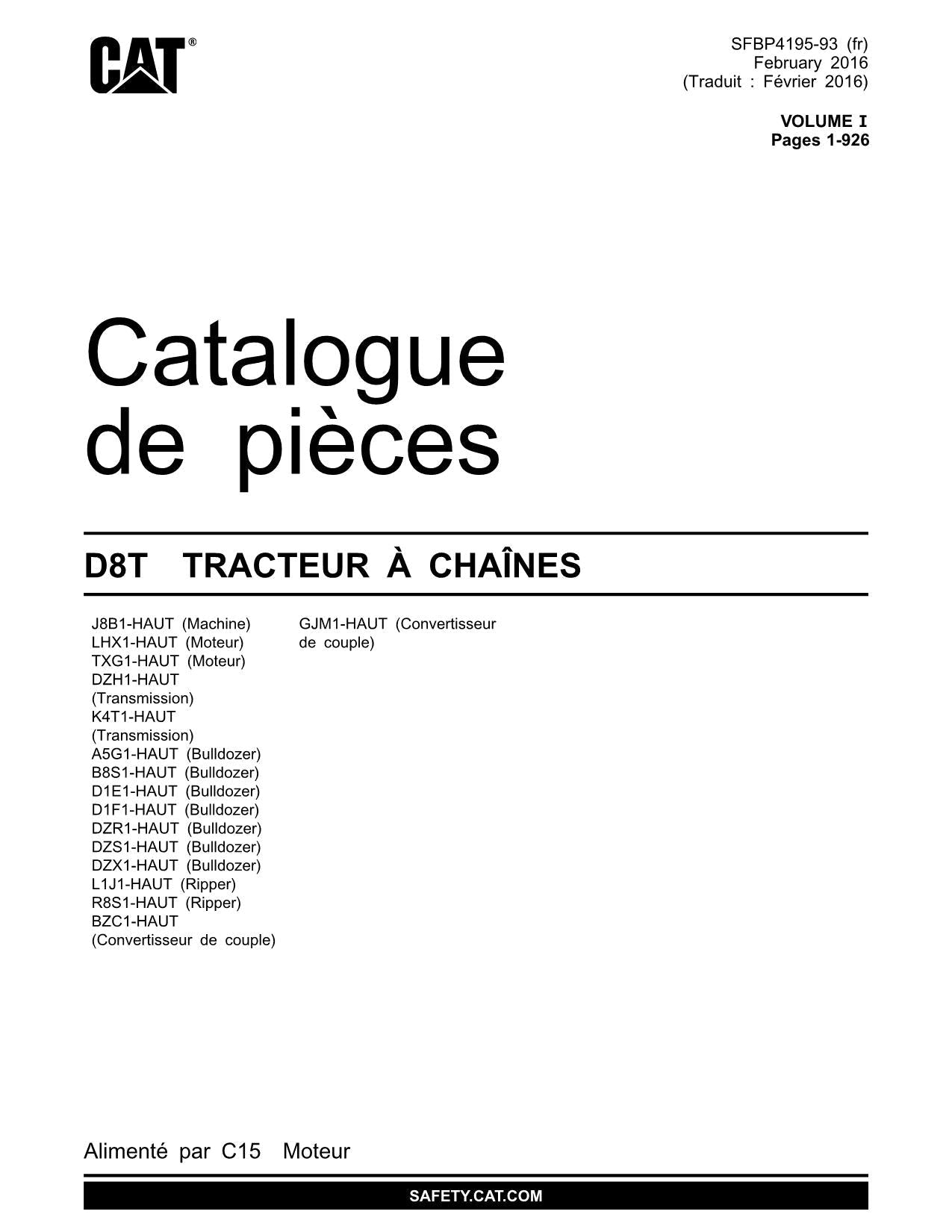Caterpillar D8T Tracteur Manuel de catalogue de pièces SFBP4195