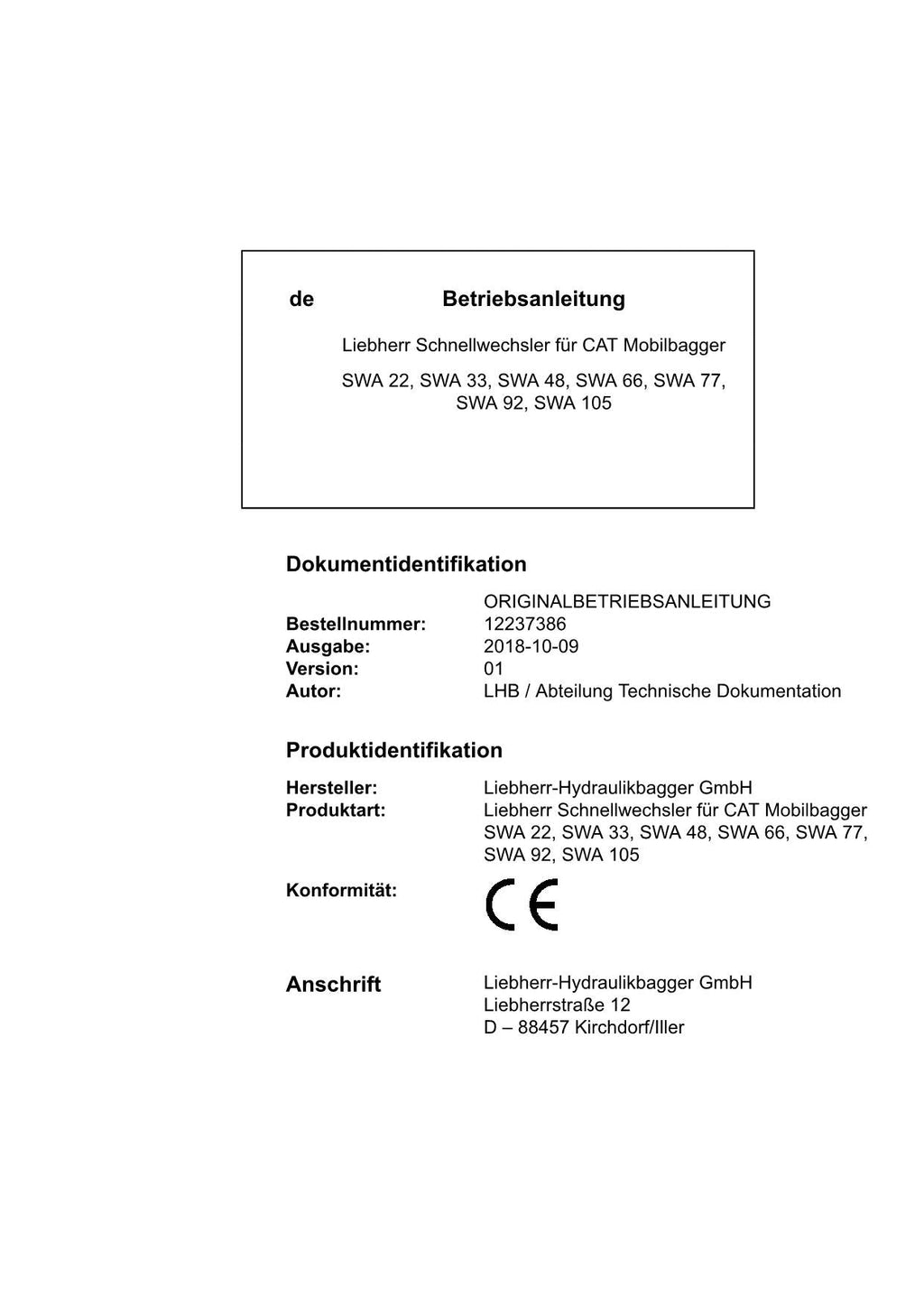 Liebherr SWA22 SWA33 SWA48 SWA66 SWA77 SWA92 SWA105 bagger Betriebsanleitung