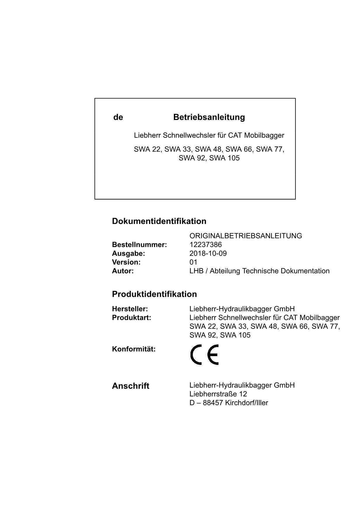 Liebherr SWA22 SWA33 SWA48 SWA66 SWA77 SWA92 SWA105 bagger Betriebsanleitung