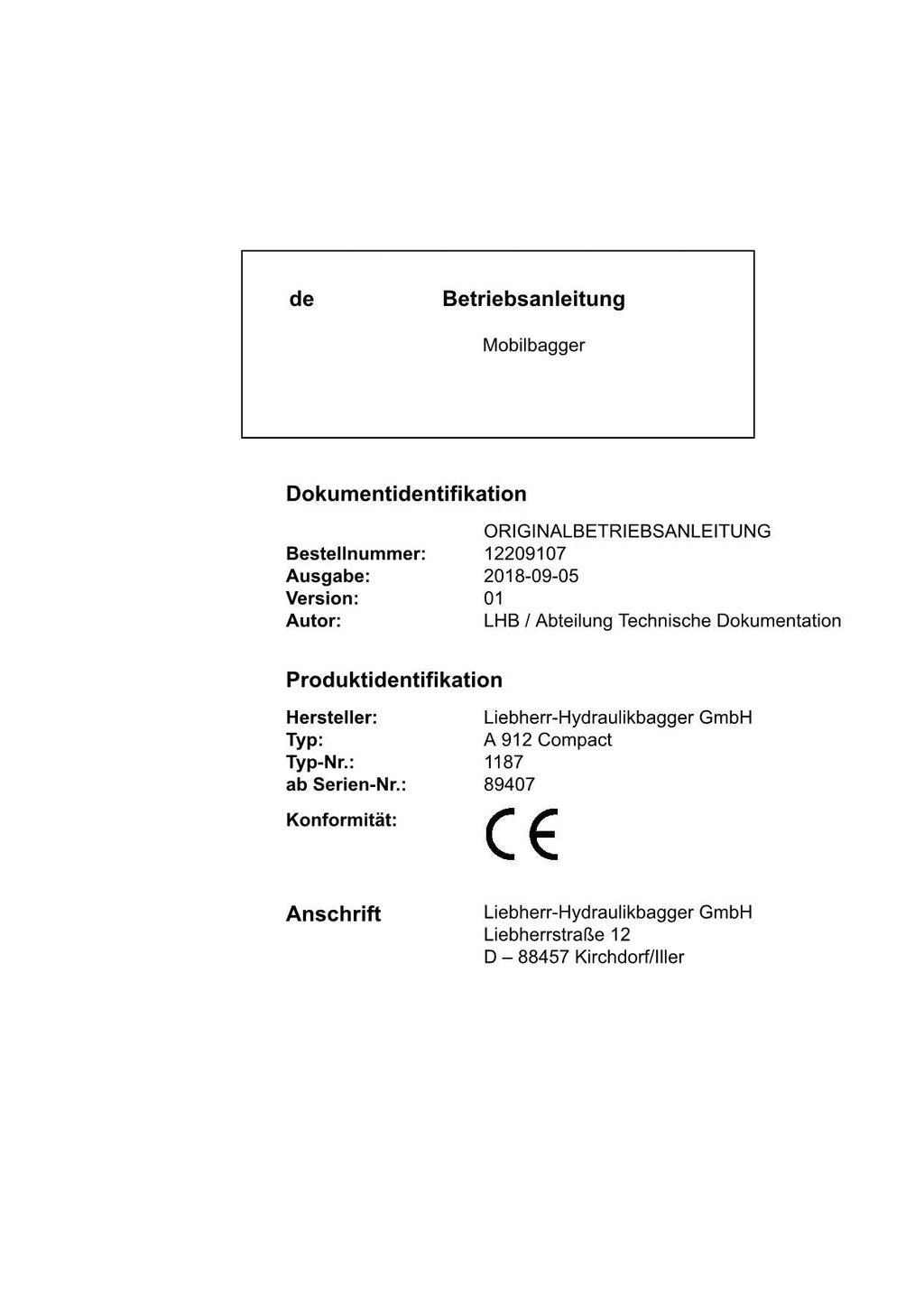 Liebherr A912 Compact Mobilbagger Betriebsanleitung