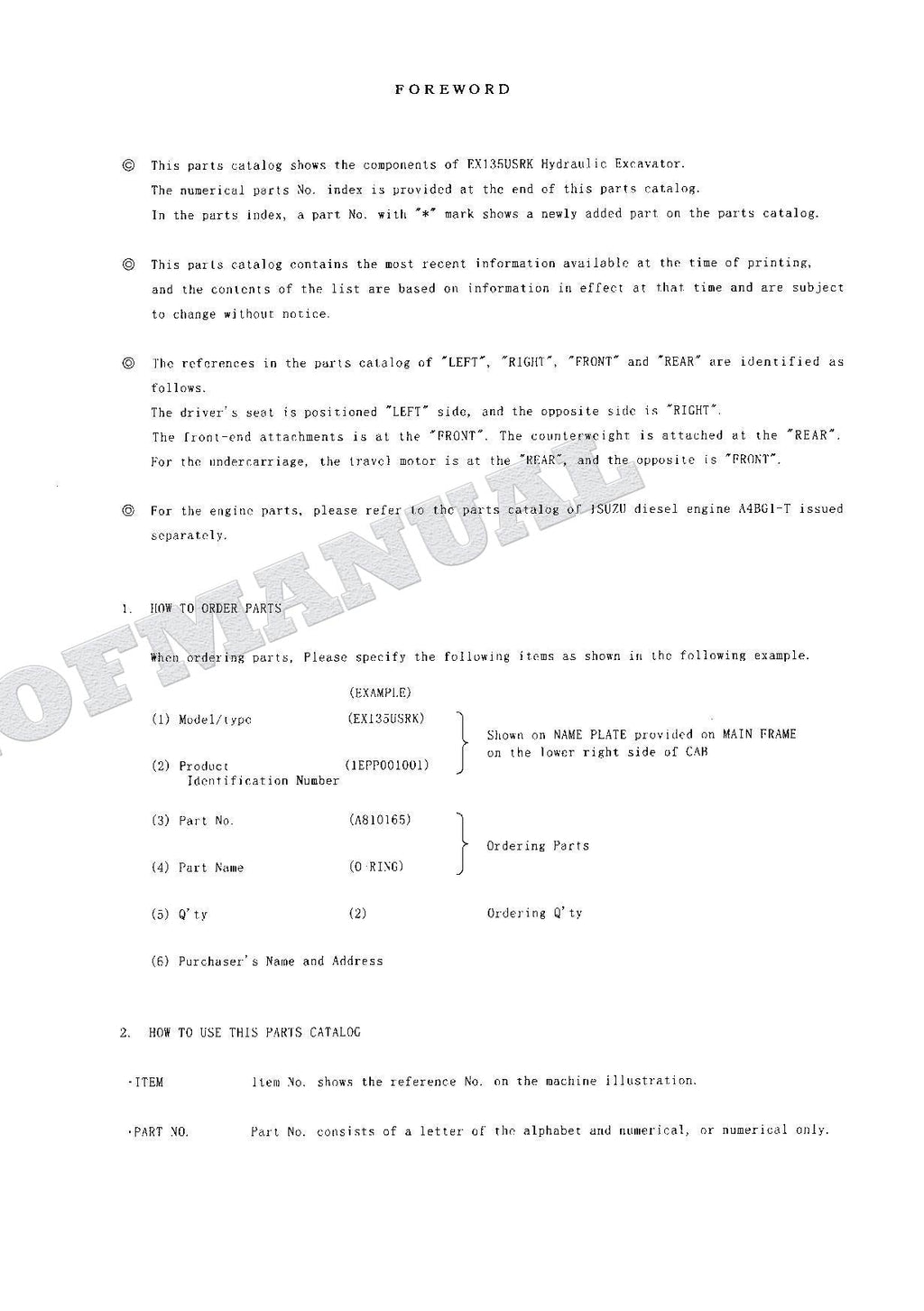 HITACHI EX135USRK Excavator Parts Catalog Manual SN 001001-