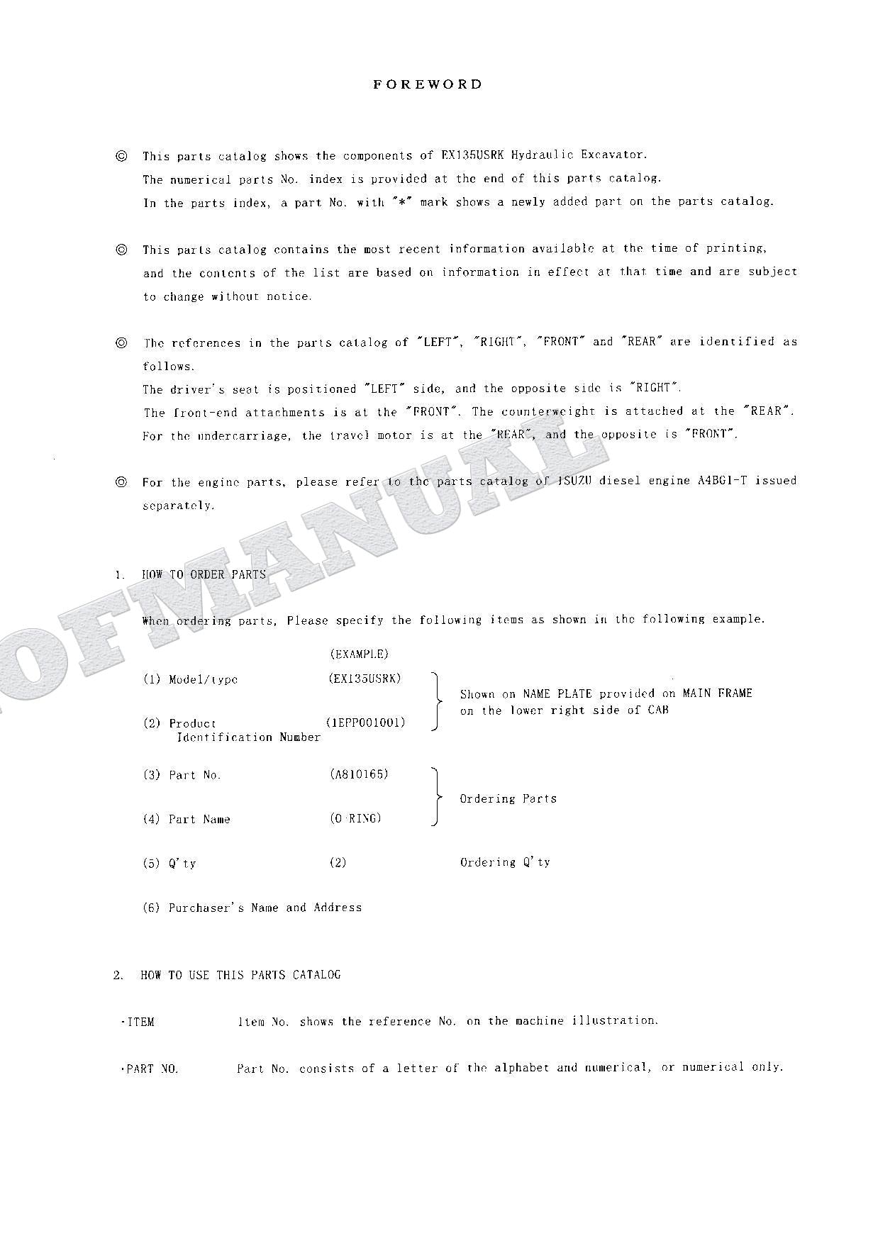 HITACHI EX135USRK Excavator Parts Catalog Manual SN 001001-