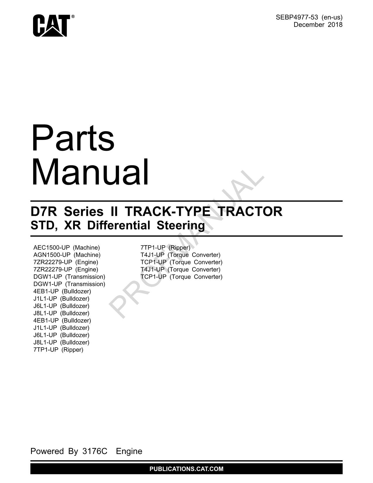 Caterpillar Cat D7R Series II Track Type Tractor STD XR Parts Catalog Manual