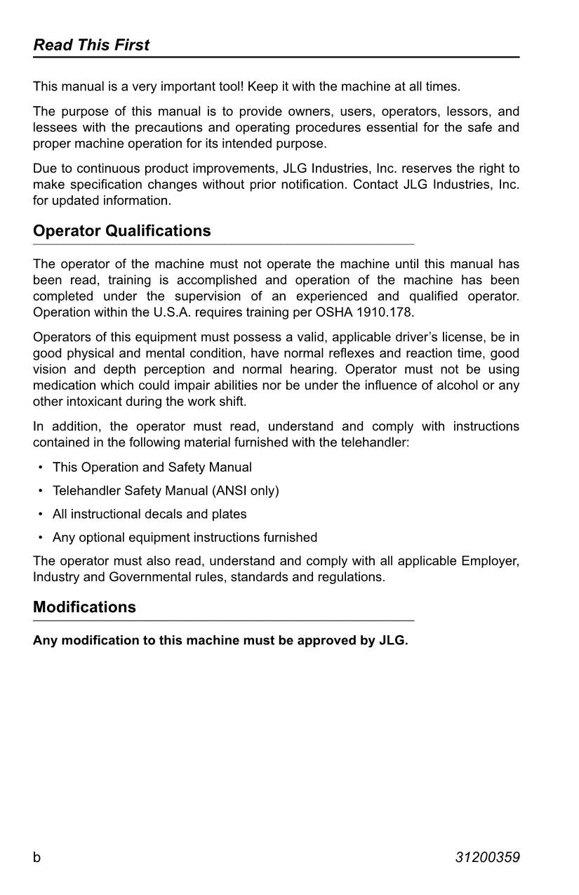 Manual del operador de mantenimiento y operación del manipulador telescópico JLG 2505H G5-18A 31200359
