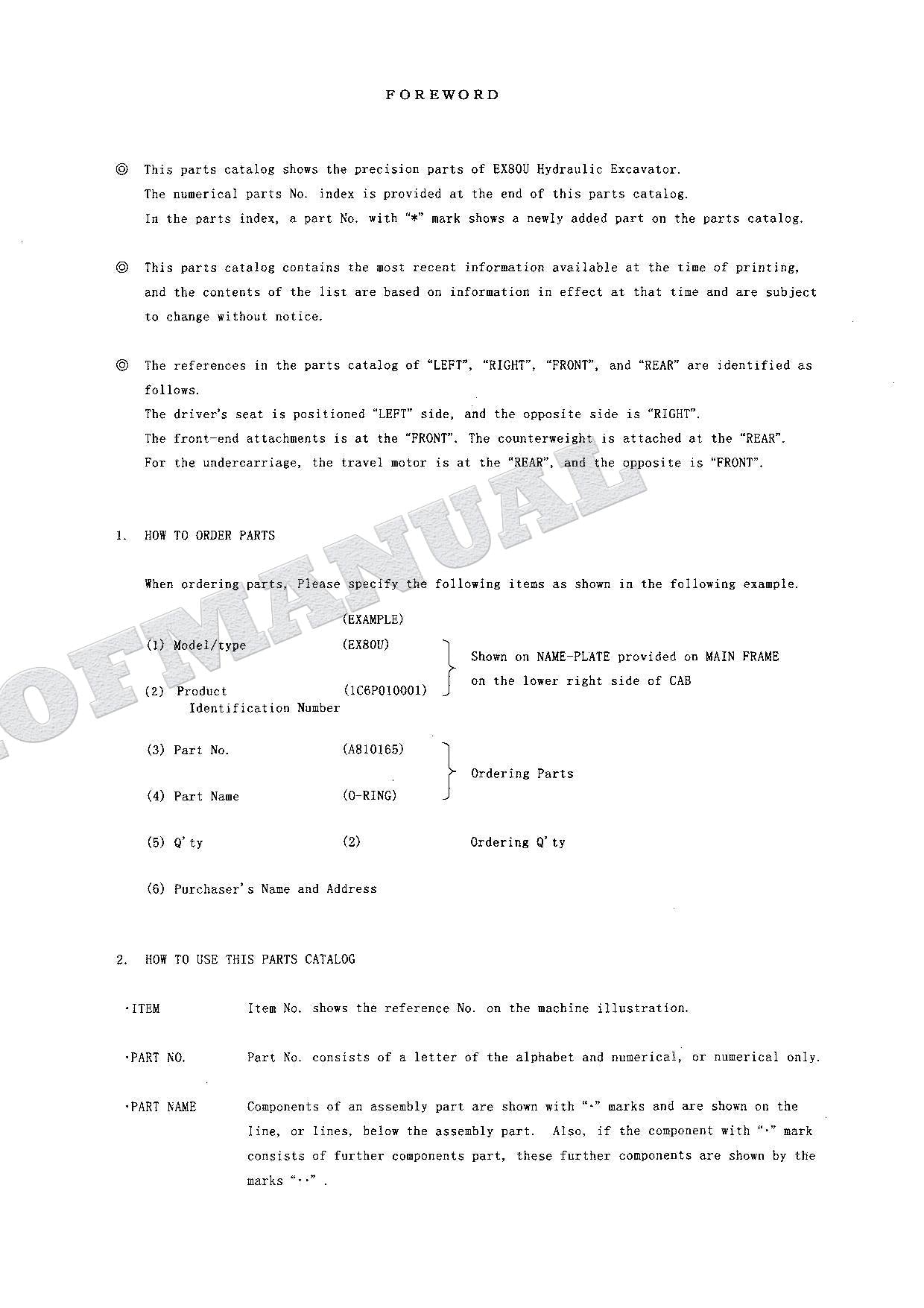 HITACHI EX80U Equipment Component Excavator Parts Catalog Manual
