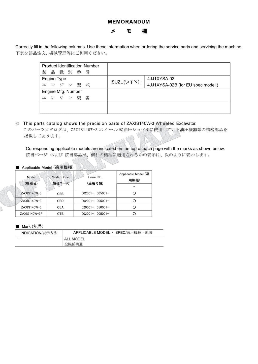 HITACHI ZAXIS ZX140W-3 Equipment Component Excavator Parts Catalog Manual