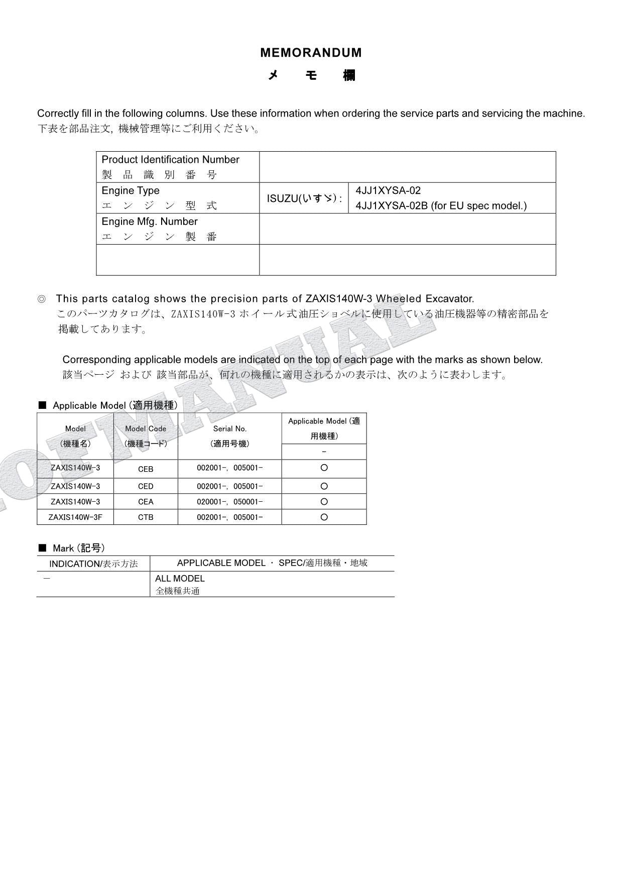HITACHI ZAXIS ZX140W-3 Equipment Component Excavator Parts Catalog Manual