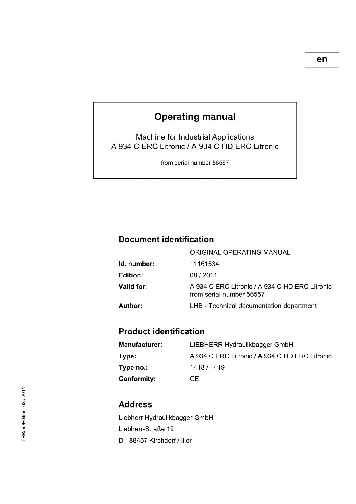 Liebherr A934 C ERC Litronic A934 C HD ERC Litronic Excavator Operators manual