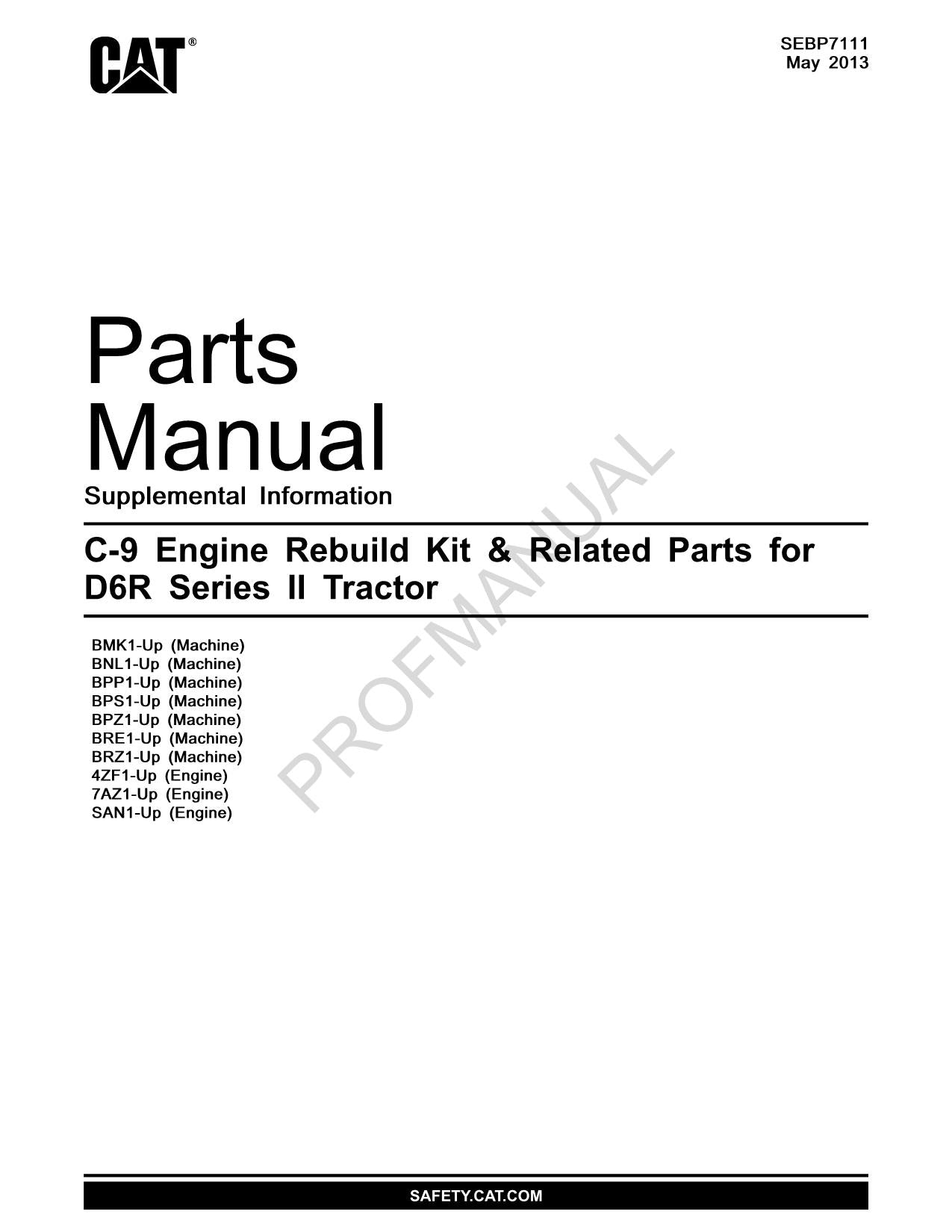 Caterpillar Cat C 9 Engine D6R Series II Tractor Parts Catalog Manual
