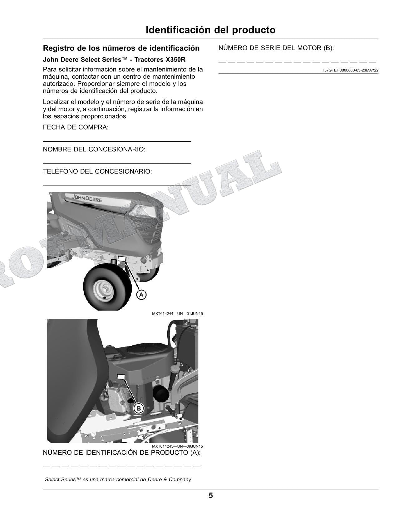 John Deere X350R Tractor Manual del Operador Español SN 150001-