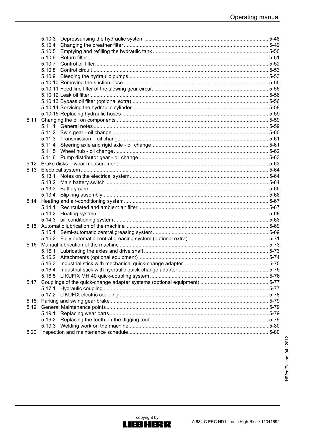 Liebherr A934 C ERC HD Litronic High Rise Excavator Operators manual