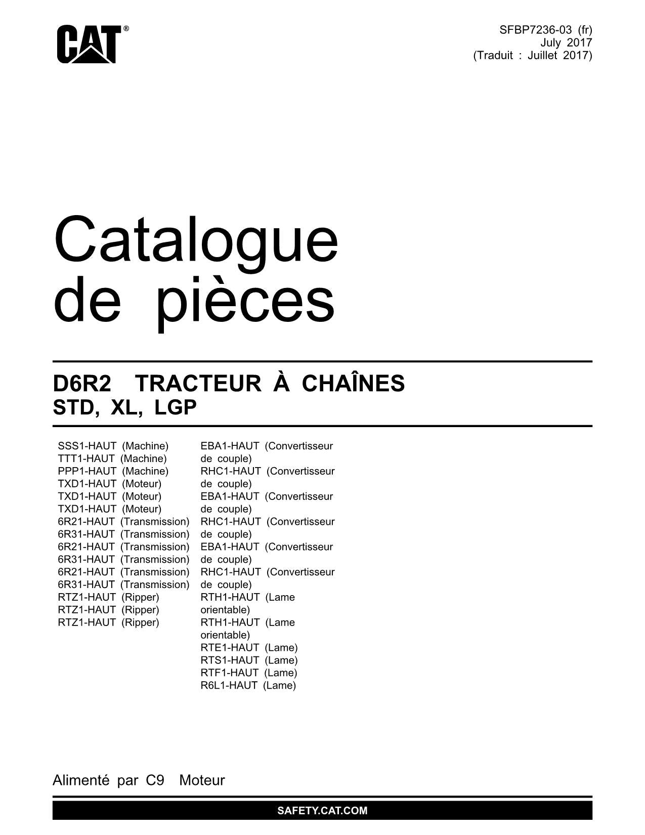 Caterpillar D6R2 STD XL LGP Tracteur Manuel de catalogue de pièces
