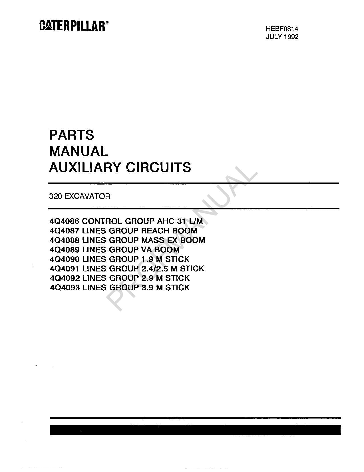 Caterpillar 320 Excavator 4Q4086 4Q4093 Auxiliary Circuits Parts Catalog Manual