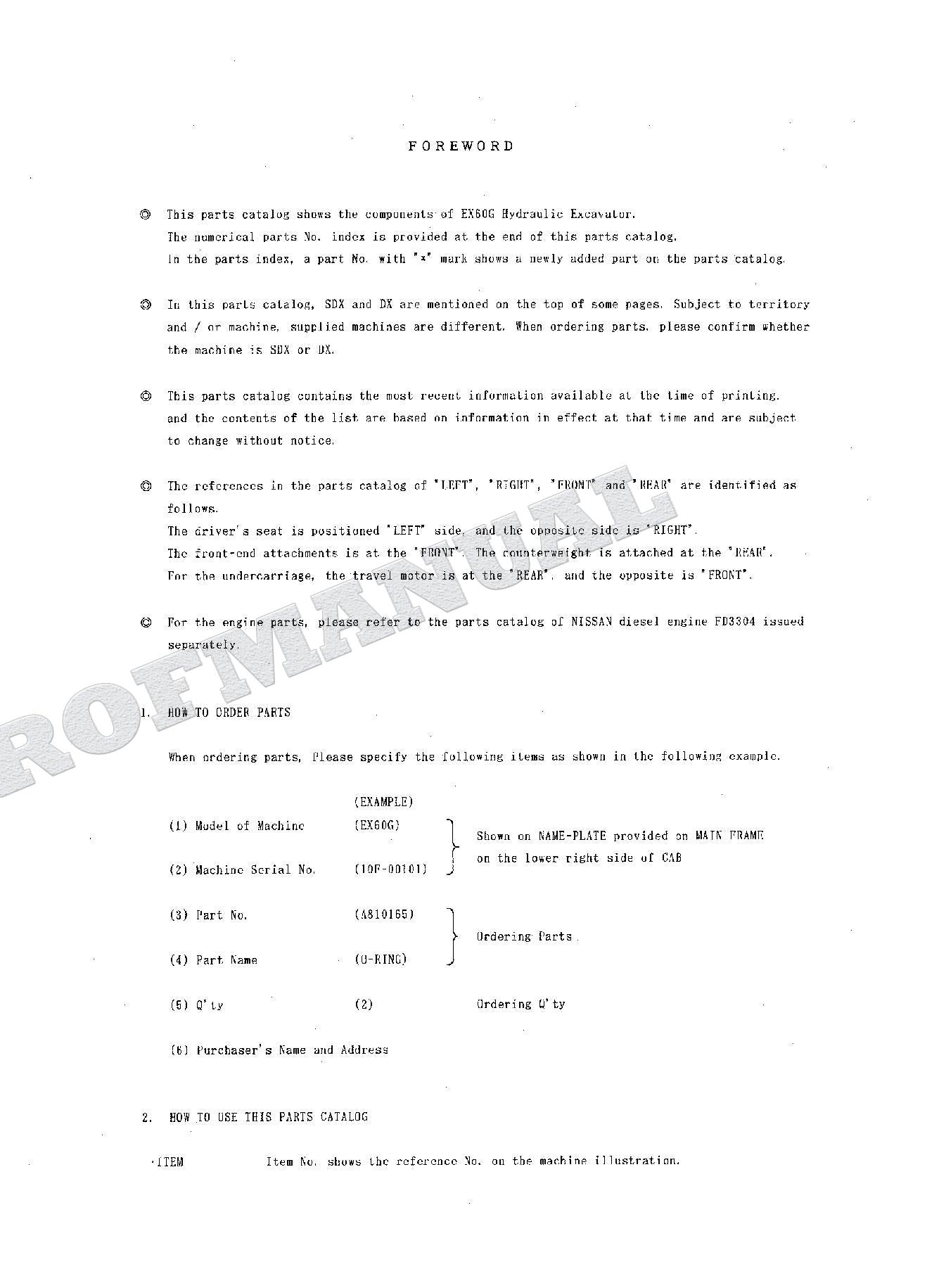 HITACHI EX60 Excavator Parts Catalog Manual SN 00101-