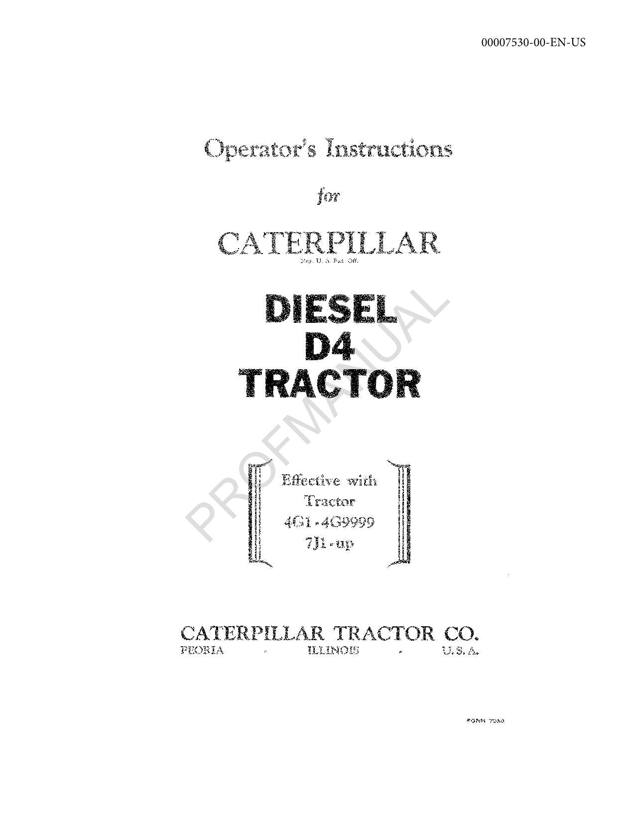 Manual de mantenimiento del operador del tractor Caterpillar Diesel D4 4G1-4G9999 7J1-Up