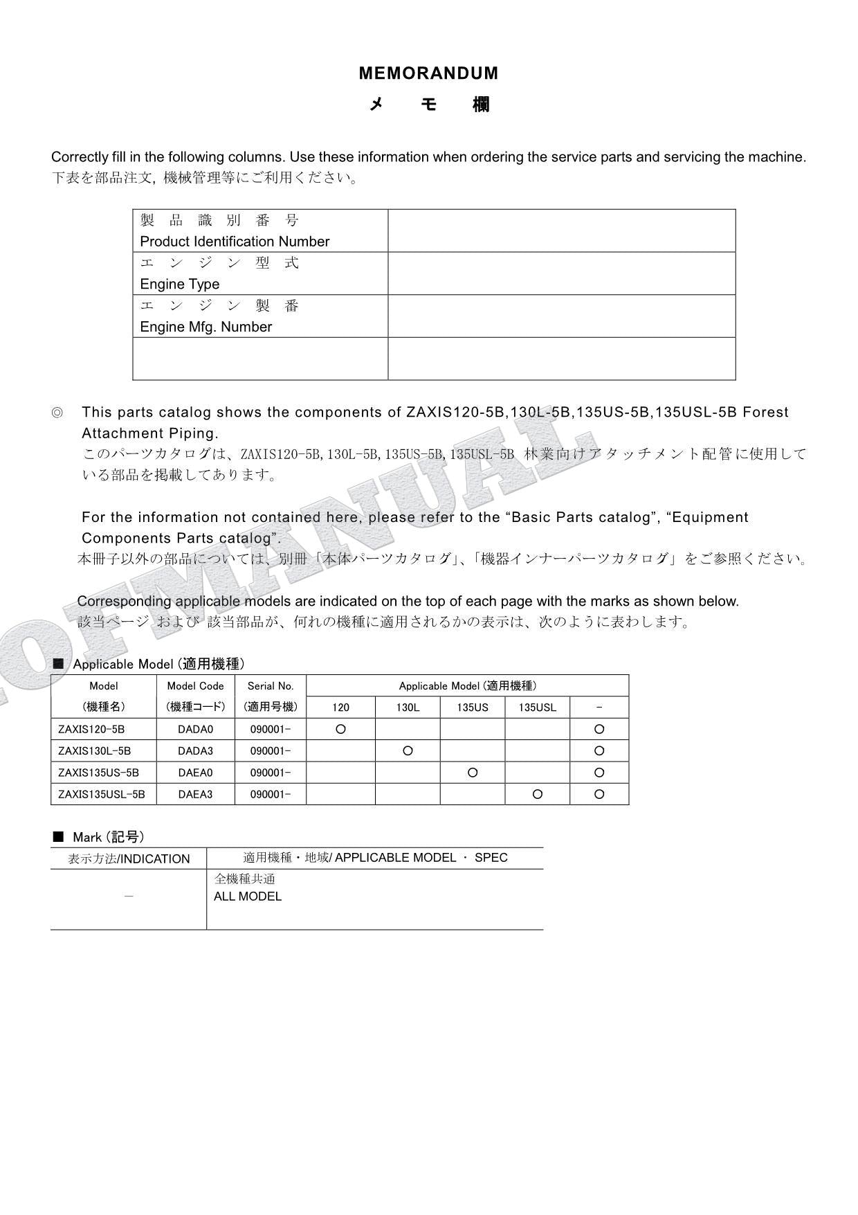 Manual del catálogo de piezas de la excavadora forestal HITACHI ZX135US-5B ZX135USL-5B