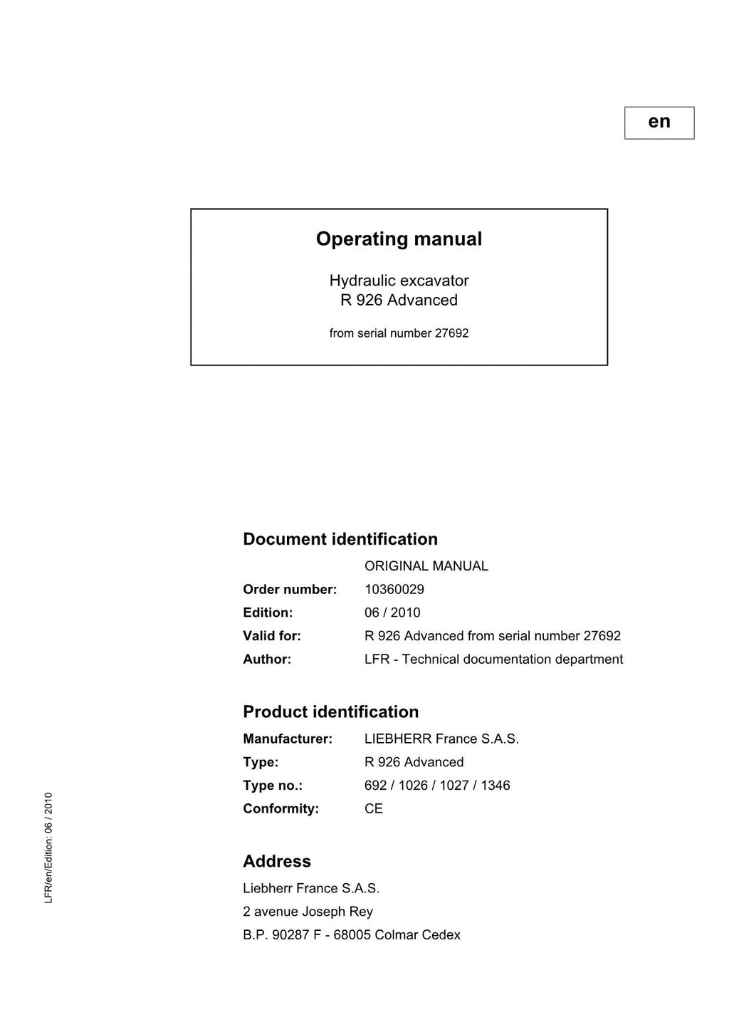 Liebherr R926 Advanced Excavator Operators manual serial 27692