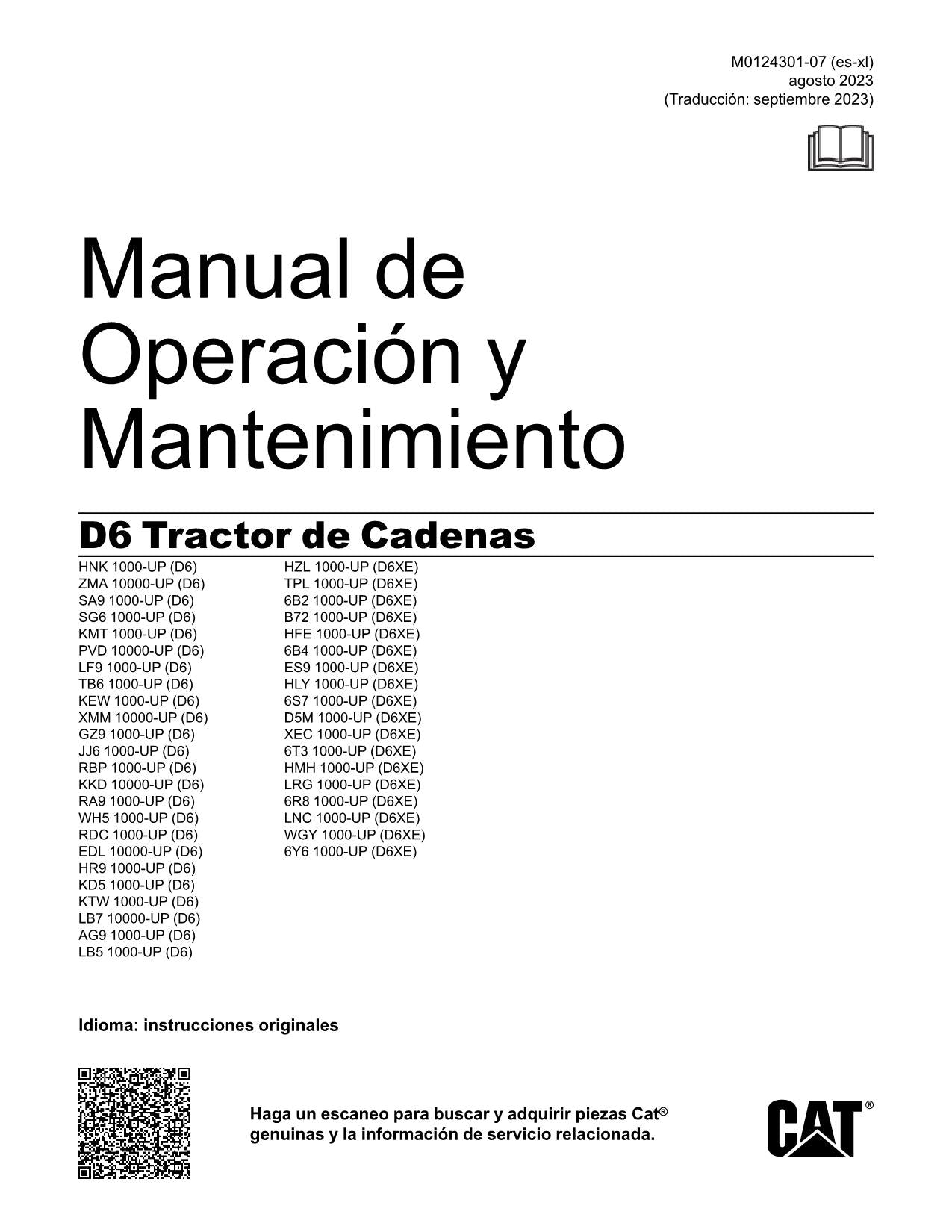 Caterpillar D6 Tractor de Cadenas Manual de Operación M0124301ES-XL Español
