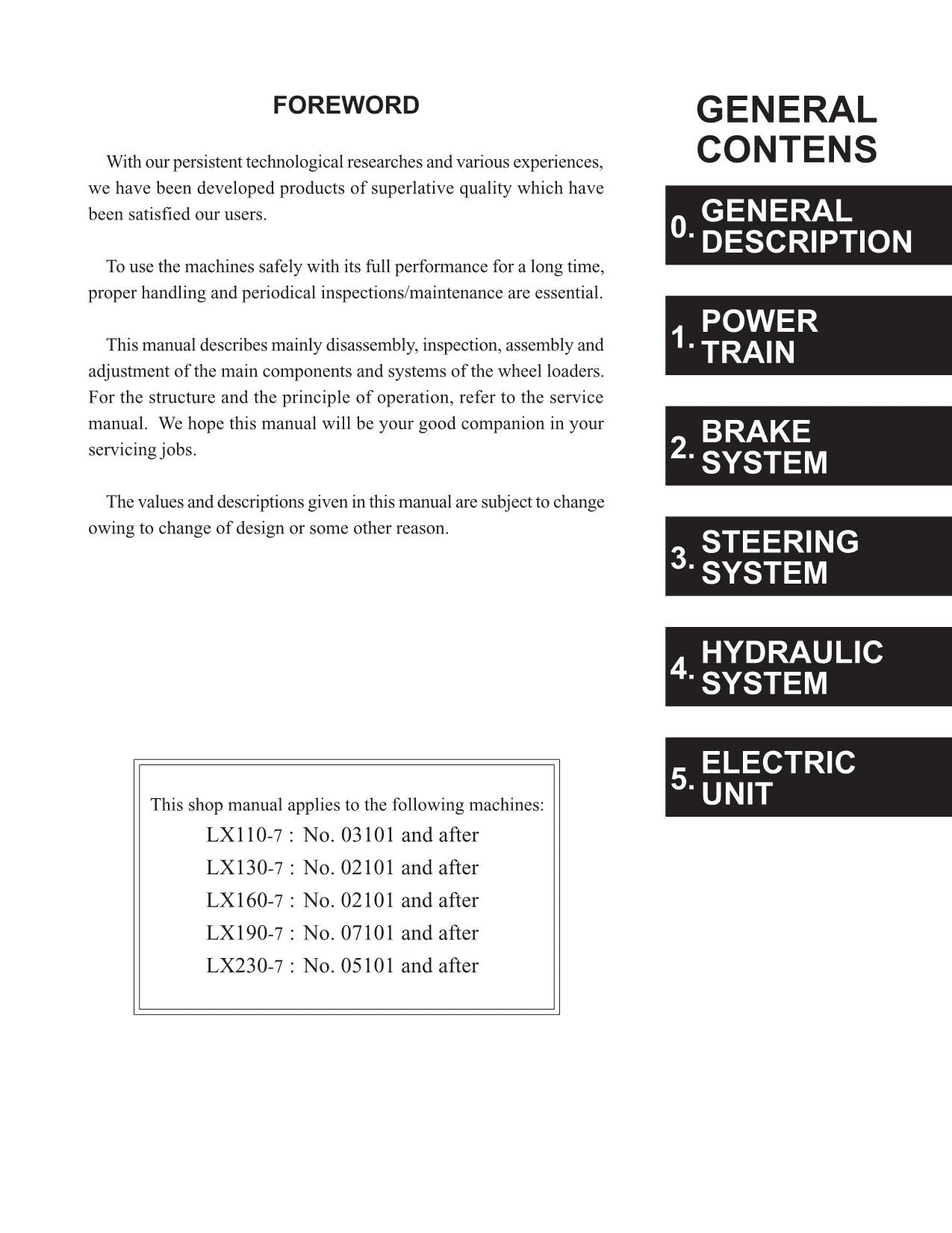 Hitachi LX110-7 LX130-7 LX160-7 LX190-7 LX230-7 Wheel Loader Workshop Manual