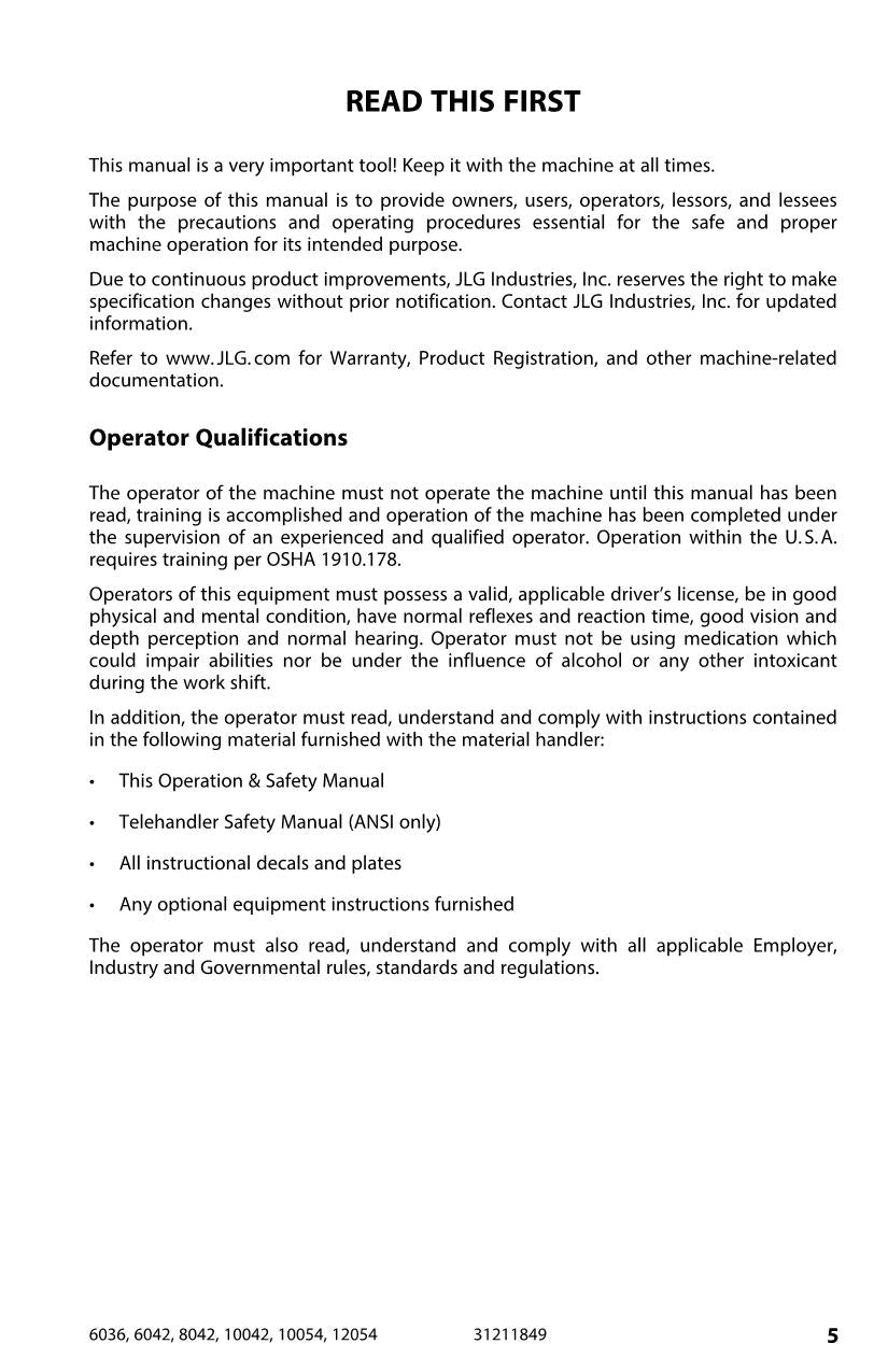 SKYTRAK 10042 10054 12054 6036 6042 8042 Telehandler Operators Manual 31211849