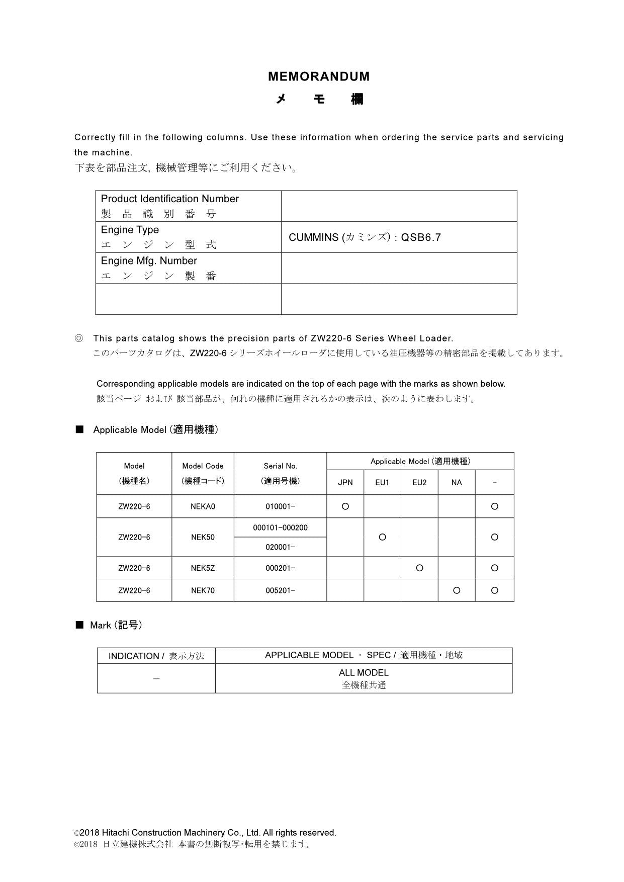 Hitachi ZW220-6 Equipment Component Wheel Loader Parts Catalog Manual