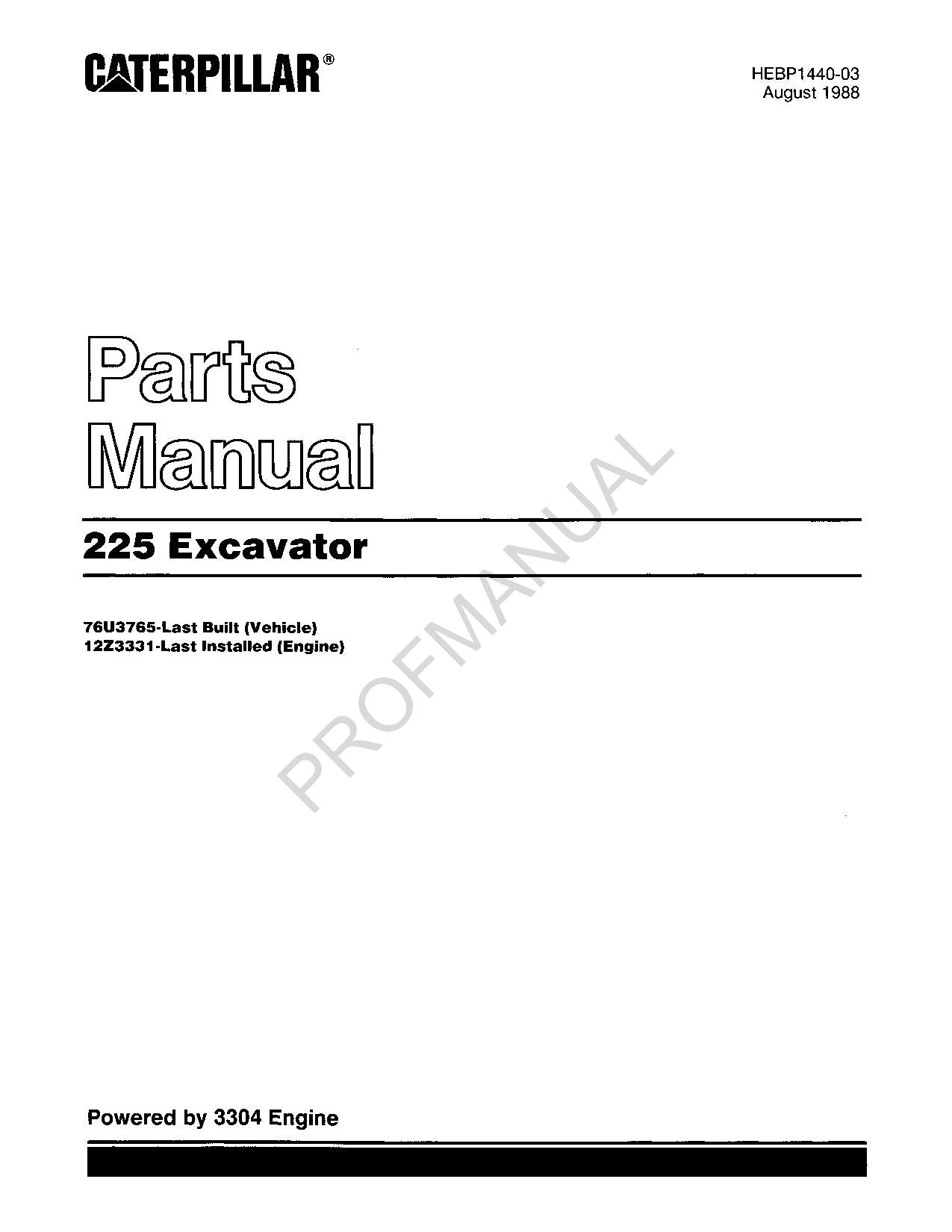 Caterpillar Cat 225 Excavator Parts Catalog Manual ser ser 12Z3331-Up 76U3765-Up