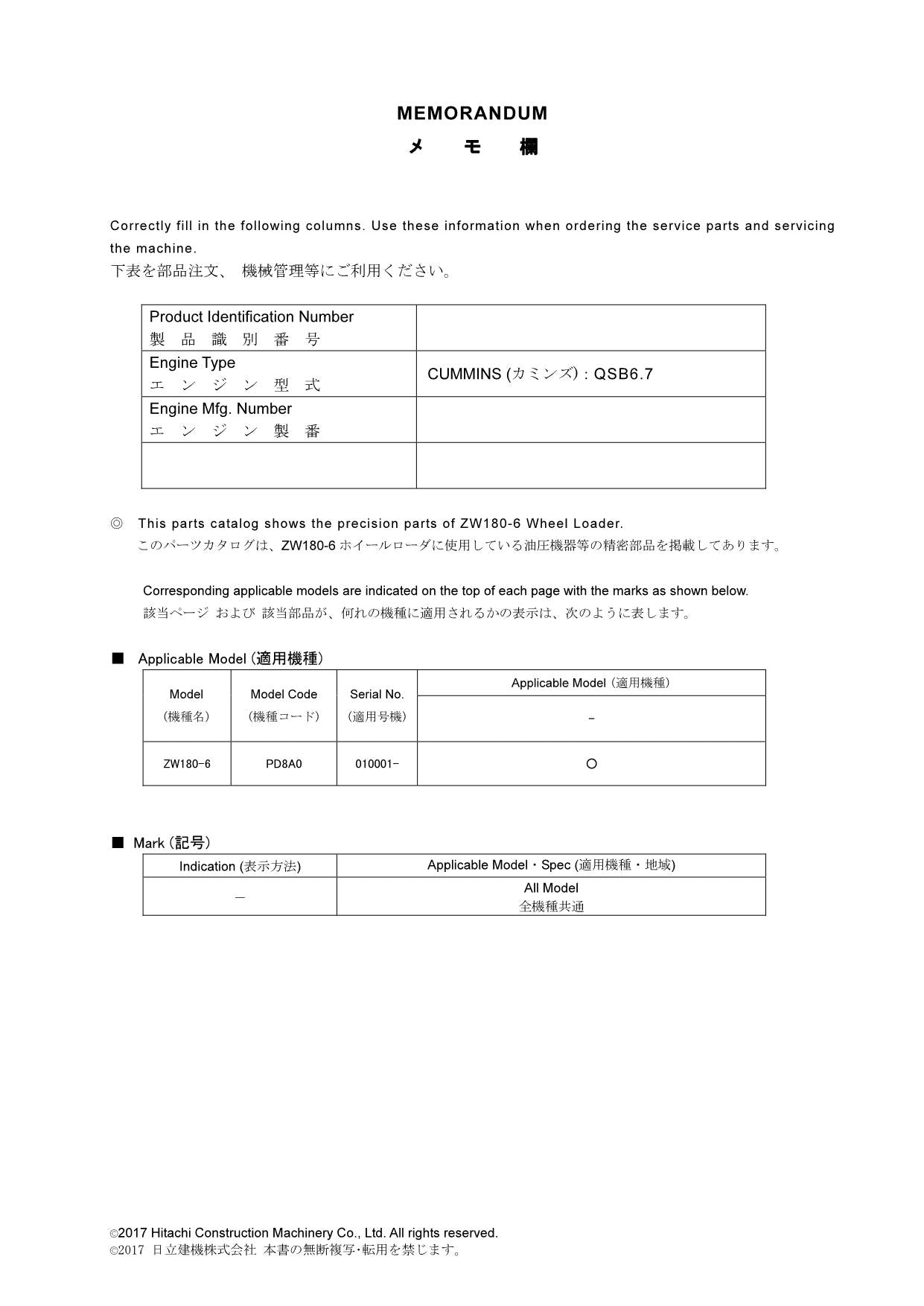 Hitachi ZW180-6 Equip Component Wheel Loader Parts Catalog Manual SN 010001-up