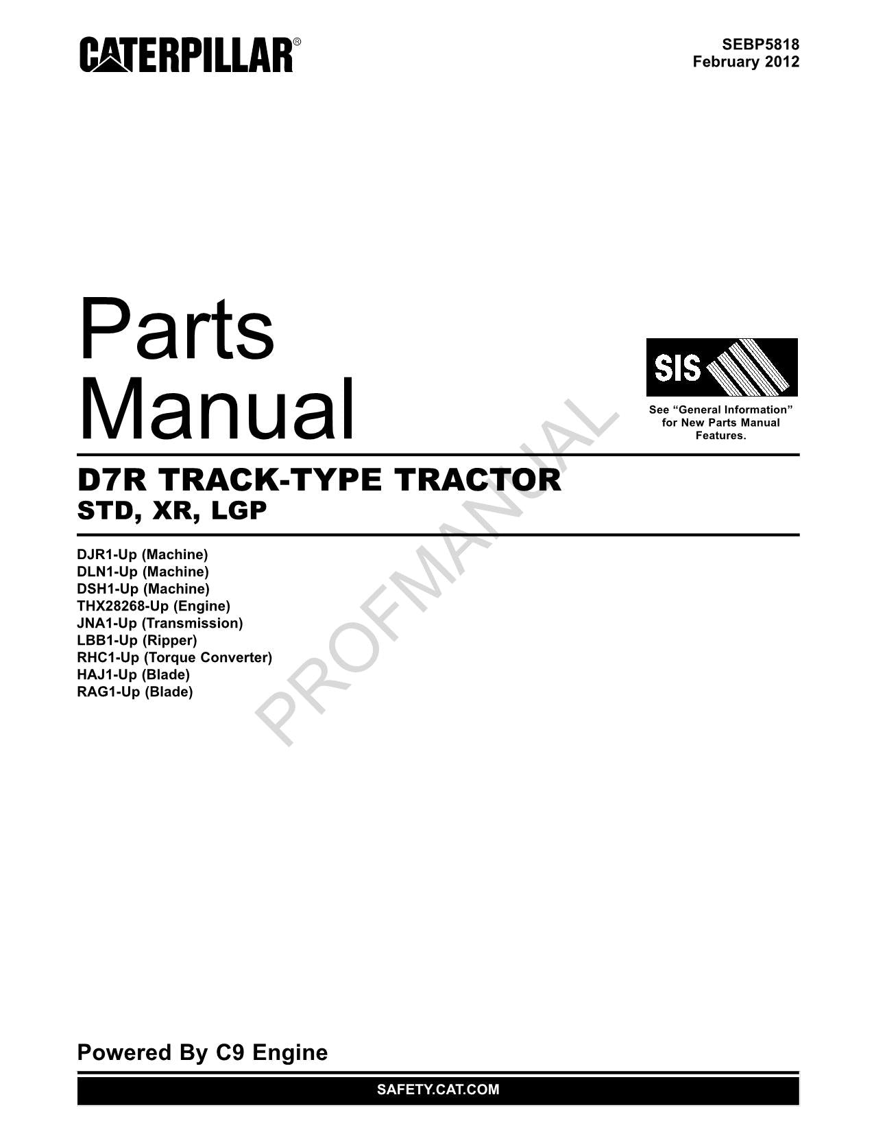 Caterpillar Cat D7R Track Type Tractor Std XR LGP Parts Catalog Manual SEBP5818