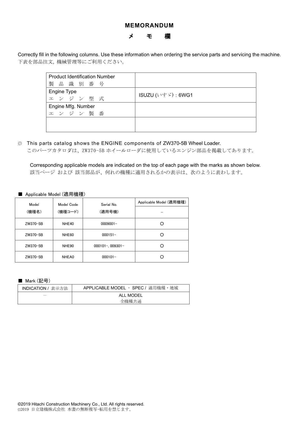 Hitachi ZW370-5B ISUZU 6WG1 Engine Wheel Loader Parts Catalog Manual