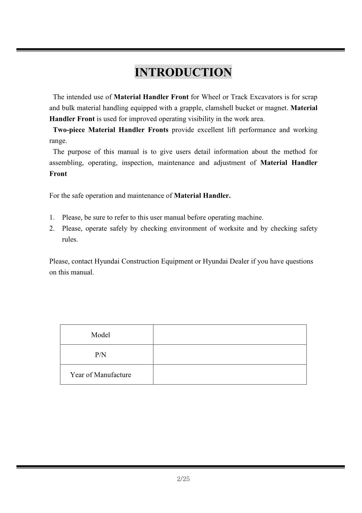 Hyundai HW250 MH WHEELED EXCAVATOR Operators Maintenance Manual