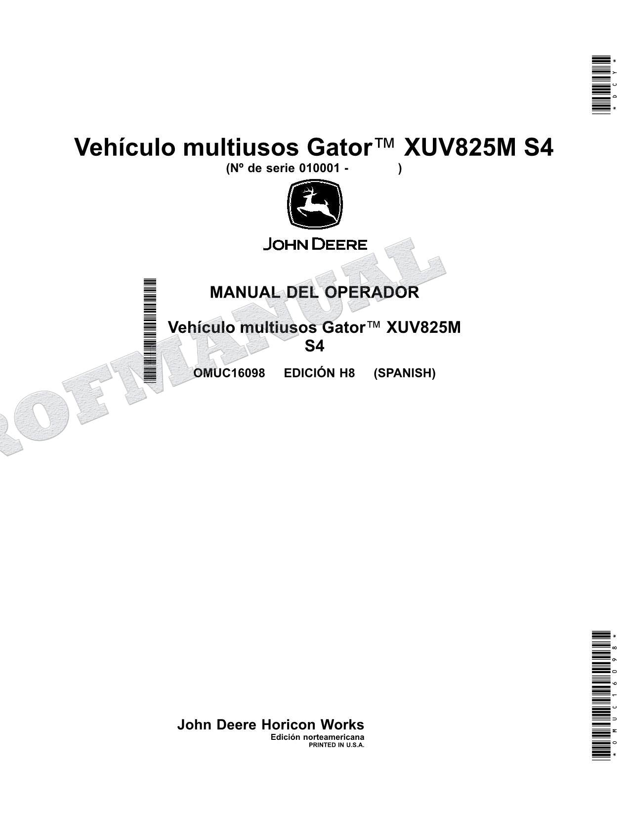 John Deere XUV825M S4 cocodrilo Manual del Operador Español OMUC16098