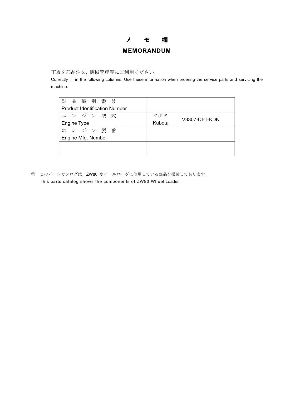 Hitachi ZW80 Wheel Loader Parts Catalog Manual SN 000101-up