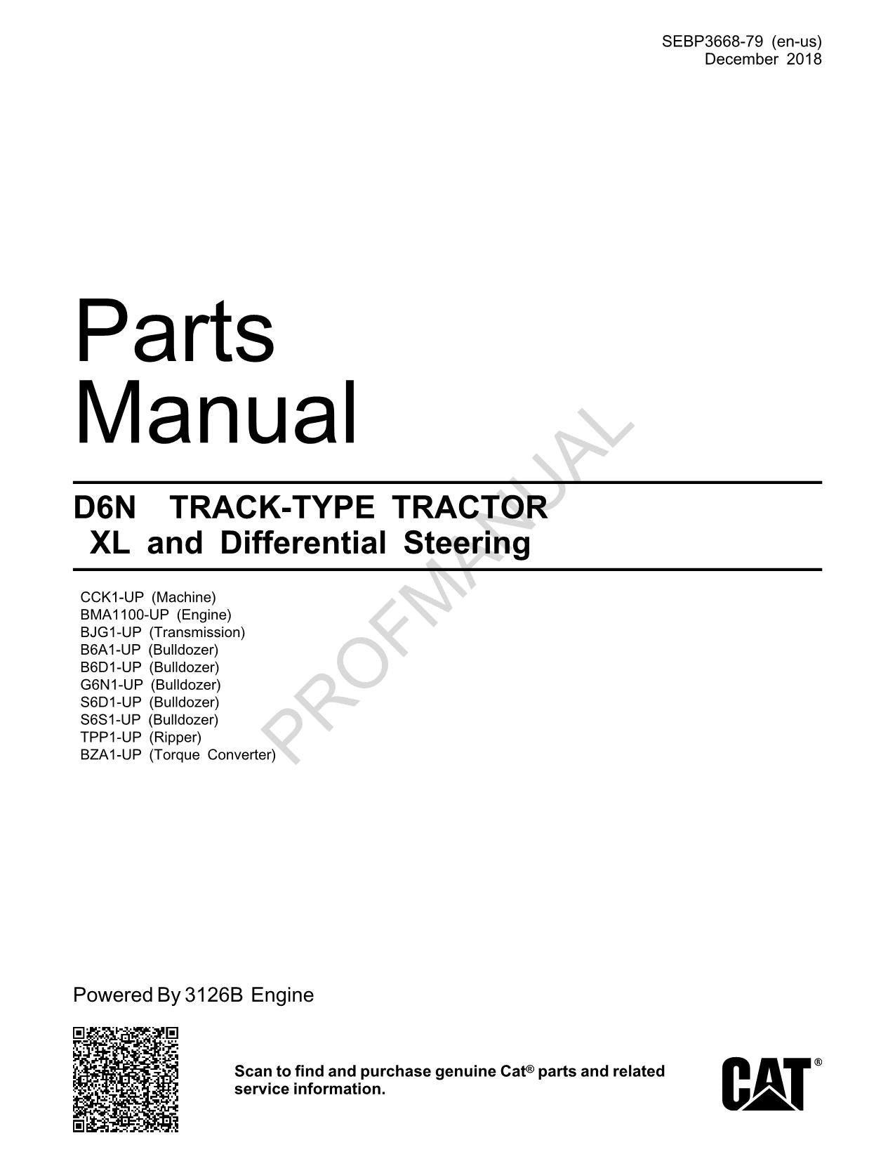 Caterpillar Cat D6N TRACK TYPE TRACTOR XL Parts Catalog Manual SEBP3668