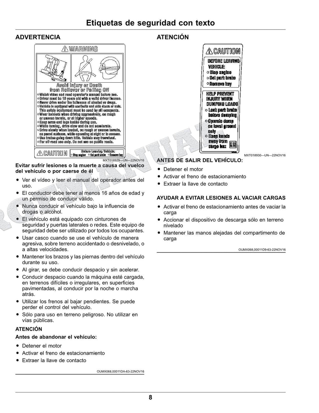 John Deere XUV835E XUV835R XUV835M cocodrilo Manual del Operador Español