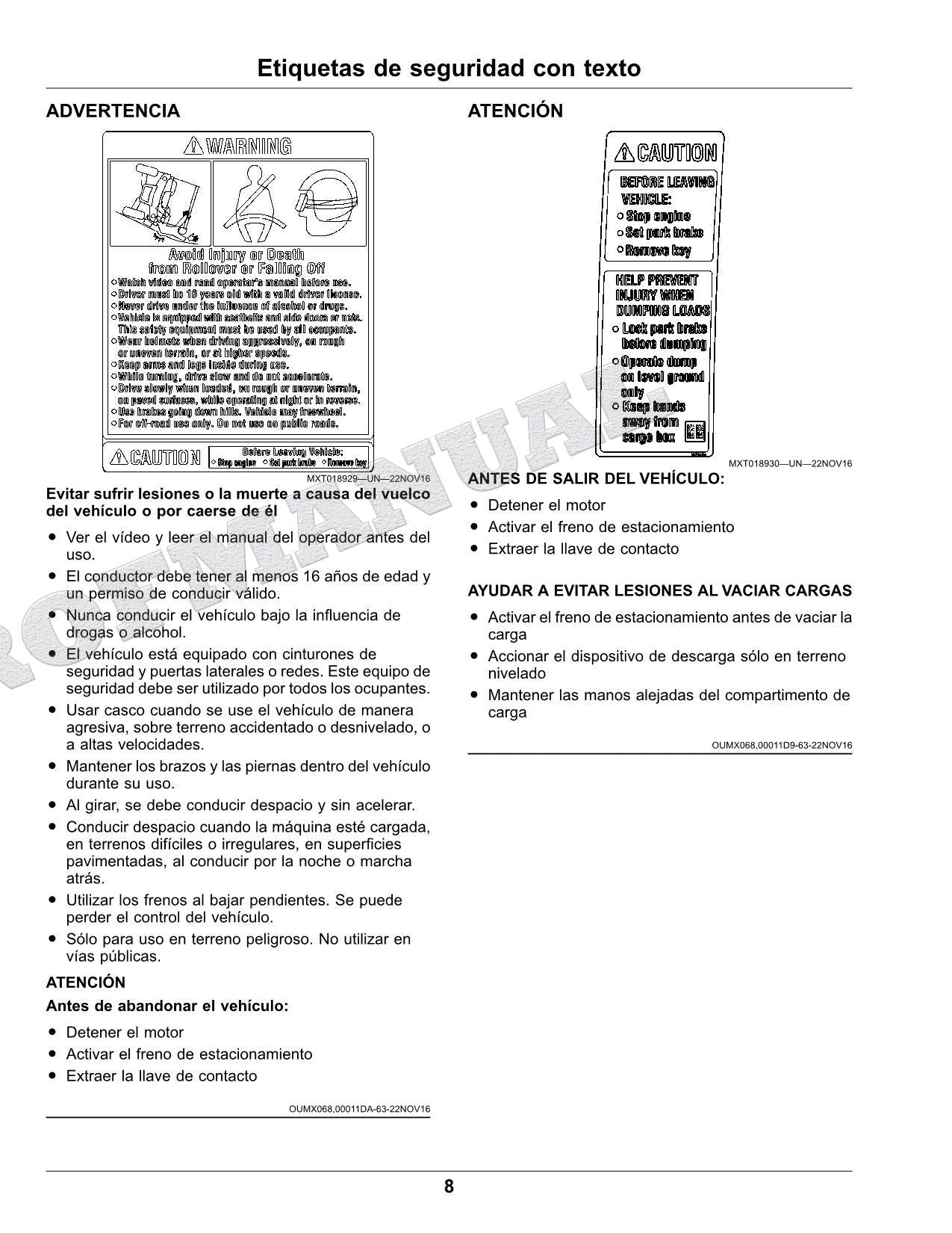 John Deere XUV835E XUV835R XUV835M cocodrilo Manual del Operador Español