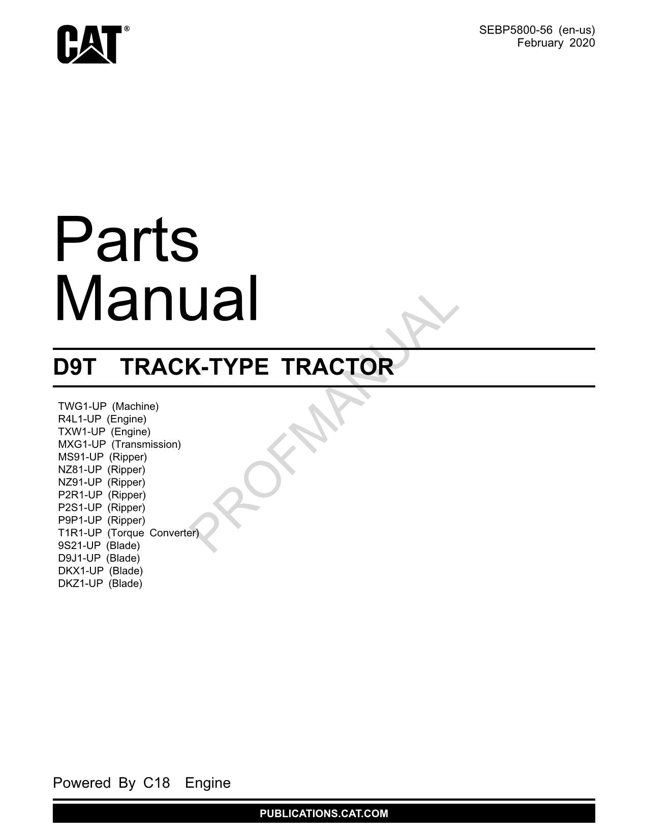 Caterpillar Cat D9T Track Type Tractor Parts Catalog Manual SEBP5800